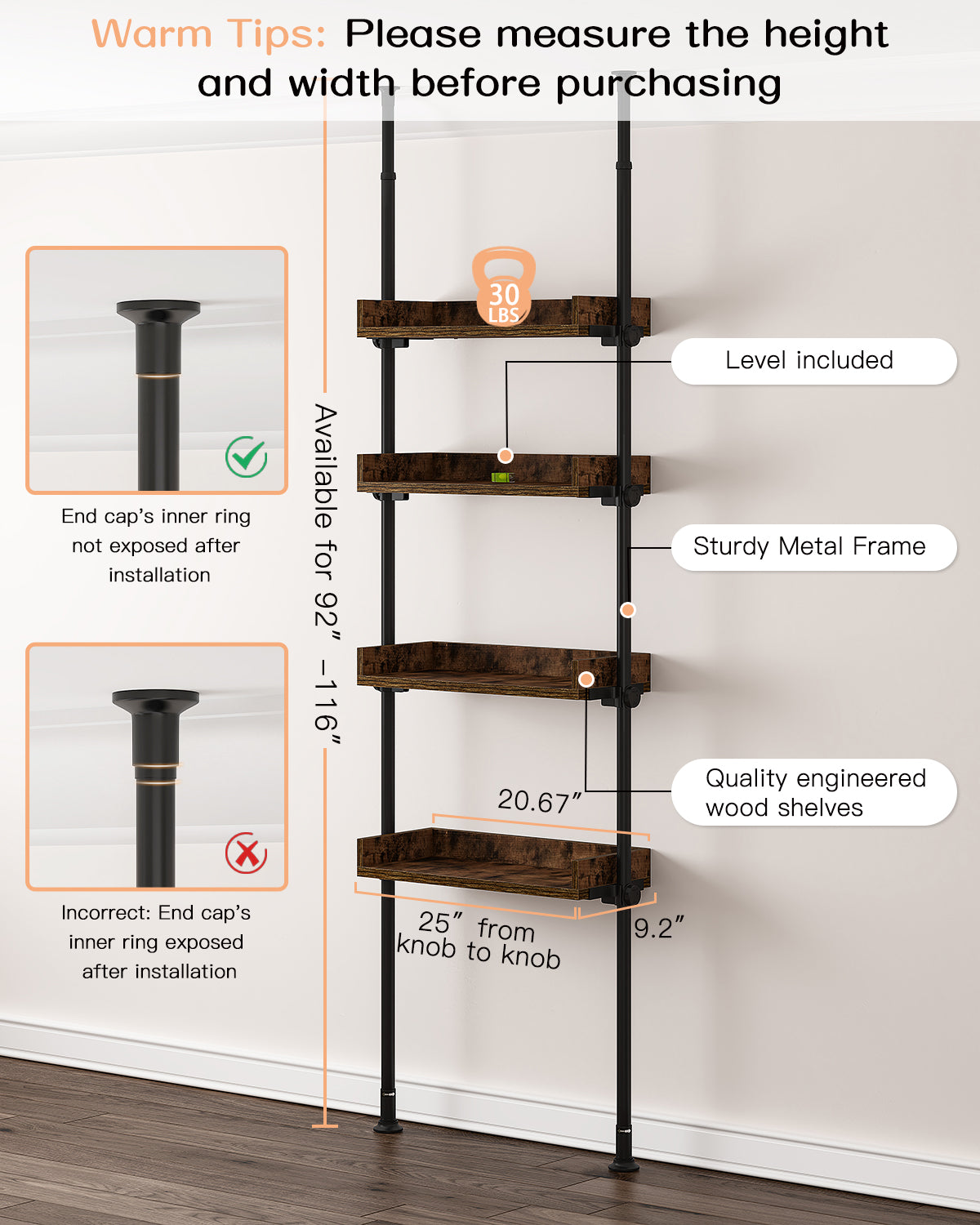 AZ05 4-Tier Over the Toilet Storage with Adjustable Shelves,Tension Mount, Constructed of Metal Poles and Wood Shelves, Pole Fits 92 to 116 Inch Height