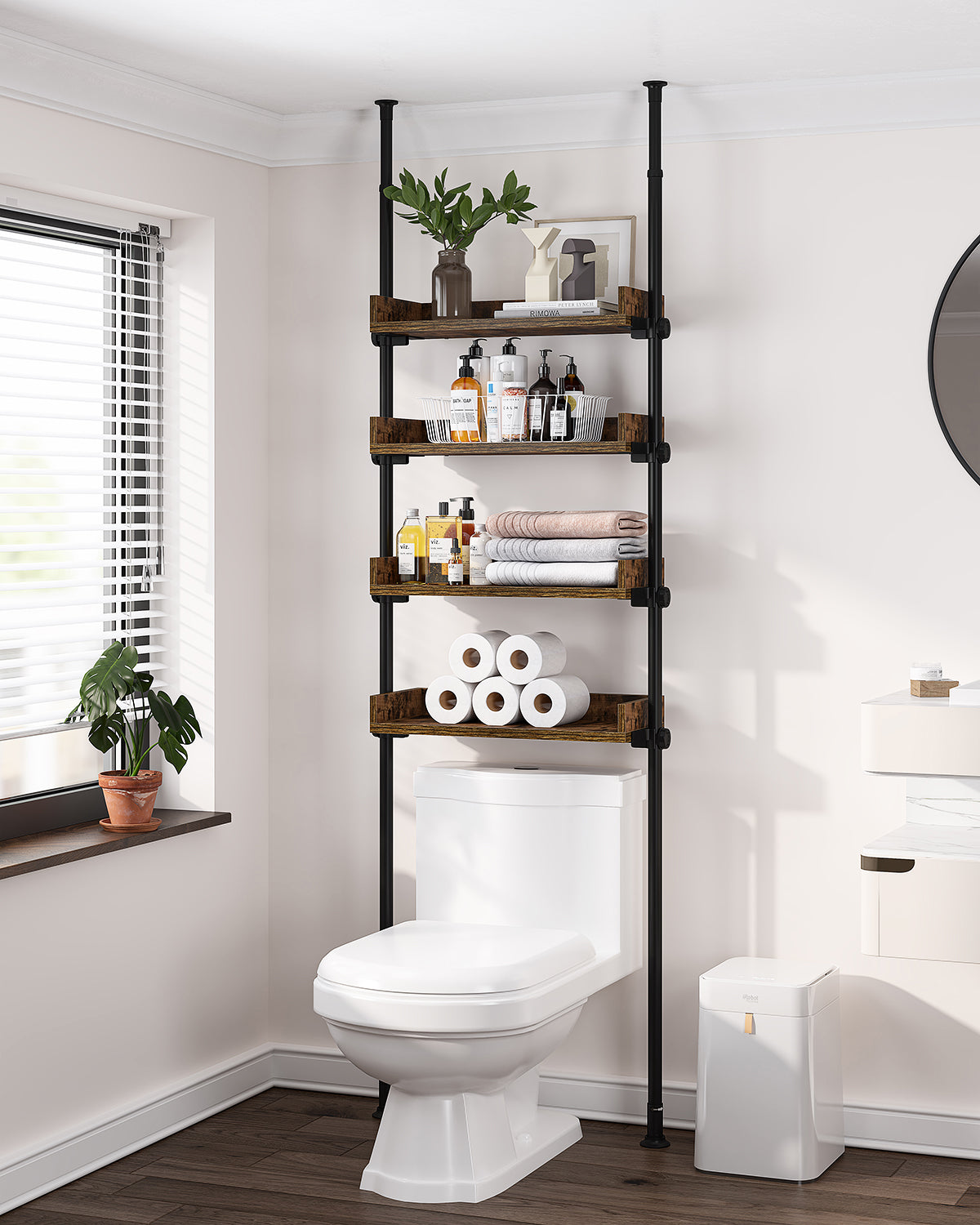 AZ05 4-Tier Over the Toilet Storage with Adjustable Shelves,Tension Mount, Constructed of Metal Poles and Wood Shelves, Pole Fits 92 to 116 Inch Height
