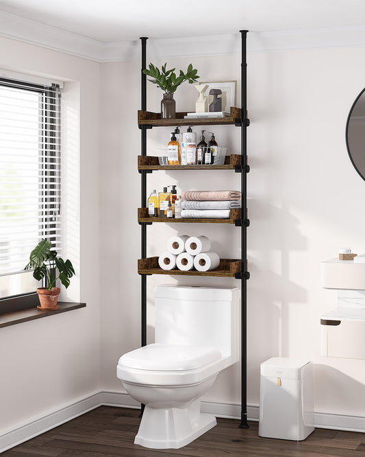 AZ05 4-Tier Over the Toilet Storage with Adjustable Shelves,Tension Mount, Constructed of Metal Poles and Wood Shelves, Pole Fits 92 to 116 Inch Height