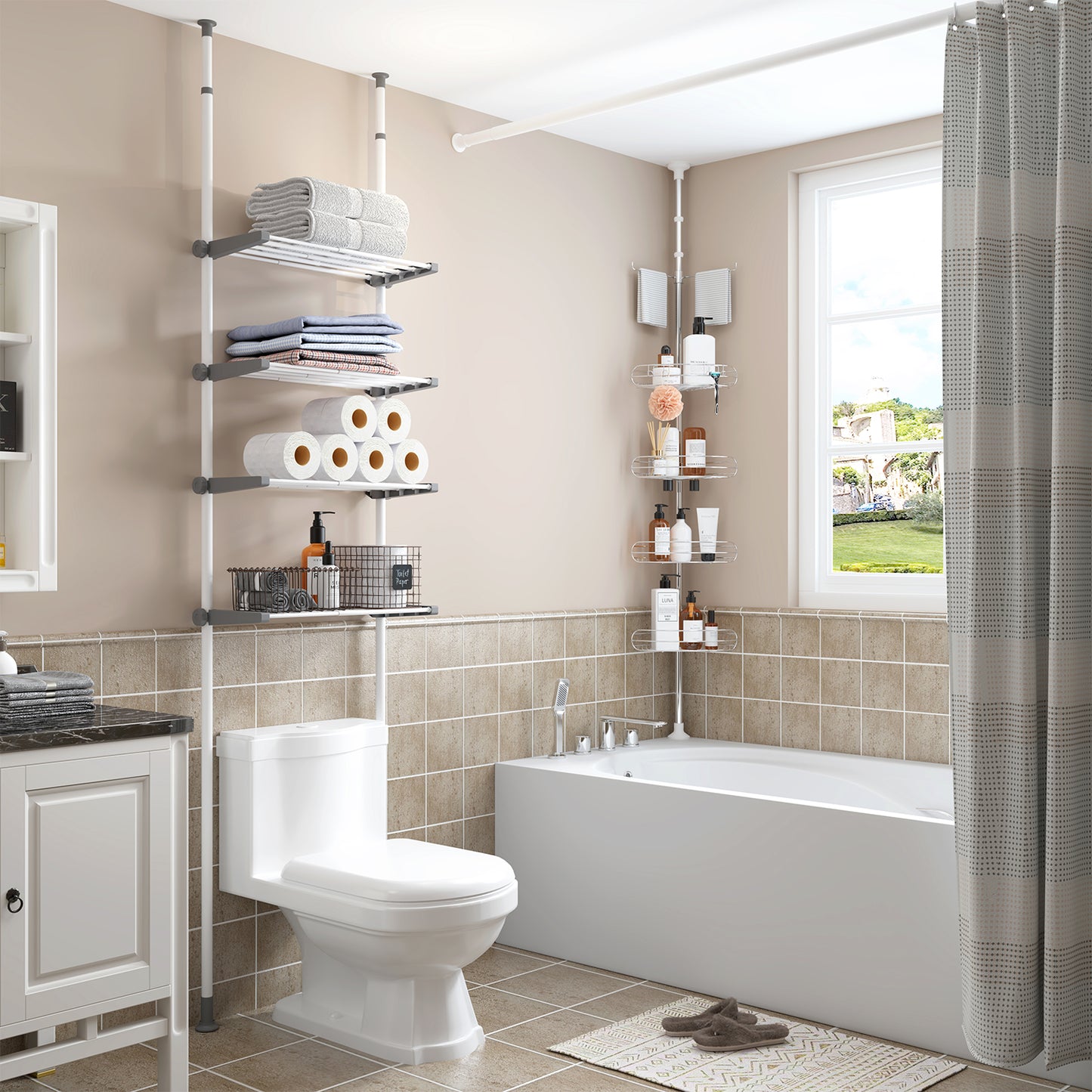 AZ04 Corner Shower Caddy,Rustproof Stainless Steel Poles & 4-Tier Durable/Adjustable Shelves, Fit 34 to 113 Inch Height