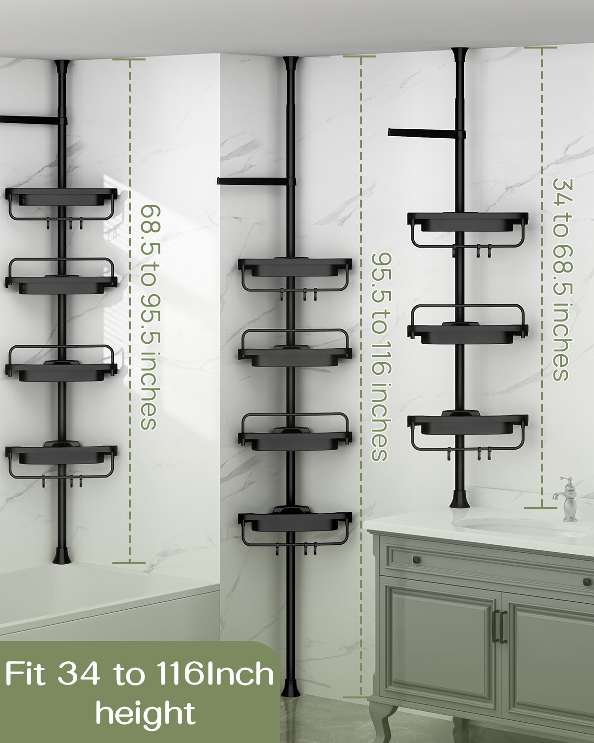 AZ03 Corner Shower Caddy,Rustproof Stainless Steel Poles & 4-Tier Durable/Adjustable Plastic Shelves, Fit 34 to 116 Inch Height