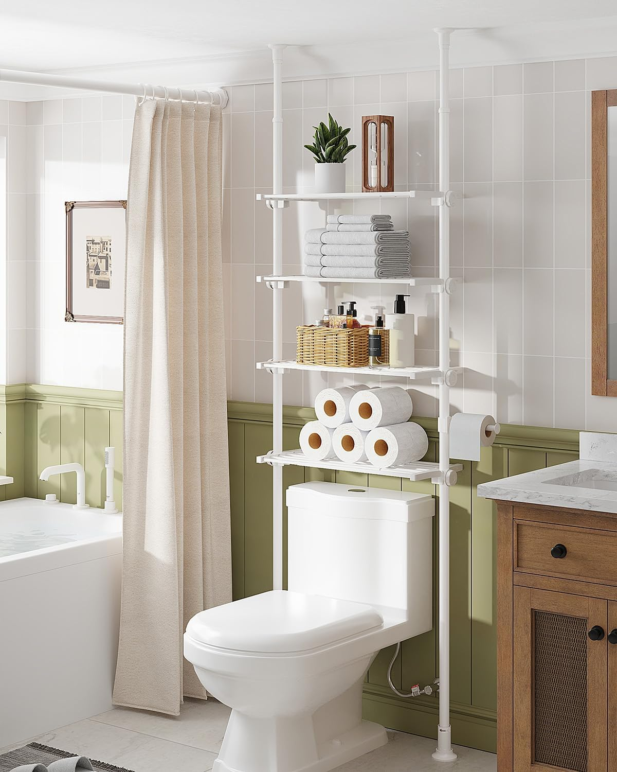 AZ08 4-Tier Over the Toilet Storage, Shelves Wide and Height is Adjustable,Tension Mount, Constructed of Metal Materials, Pole Fits 92 to 116 Inch Height