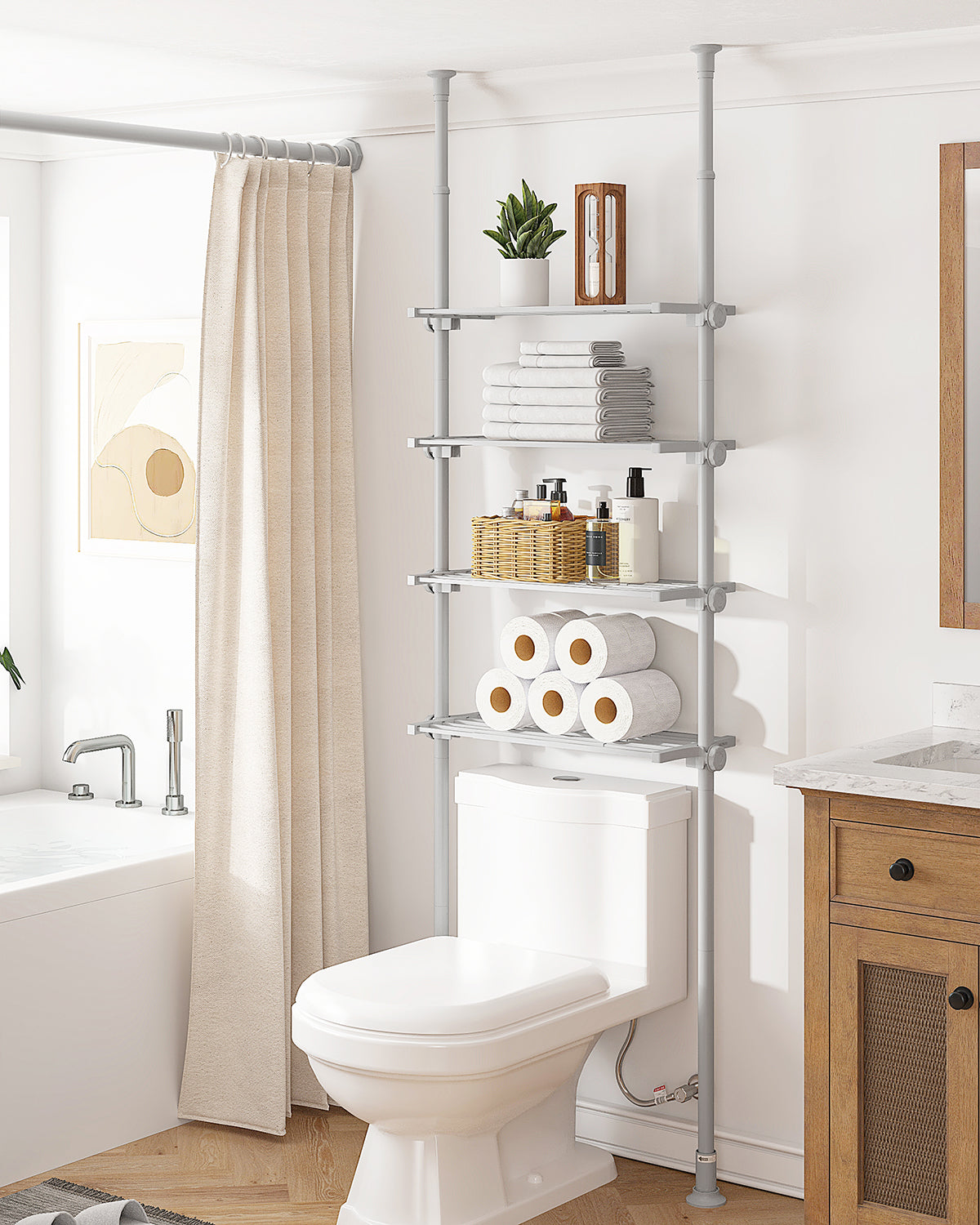 AZ08 4-Tier Over the Toilet Storage, Shelves Wide and Height is Adjustable,Tension Mount, Constructed of Metal Materials, Pole Fits 92 to 116 Inch Height