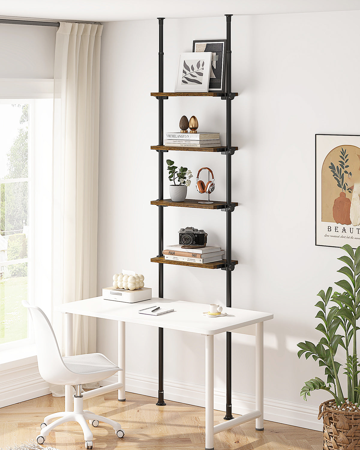 AZ07 5 Tiers Narrow Bookshelf with Adjustable Shelves, Tension Mount, Constructed of Metal Poles and Wood Shelves, Pole Fits 92 to 116 Inch Height