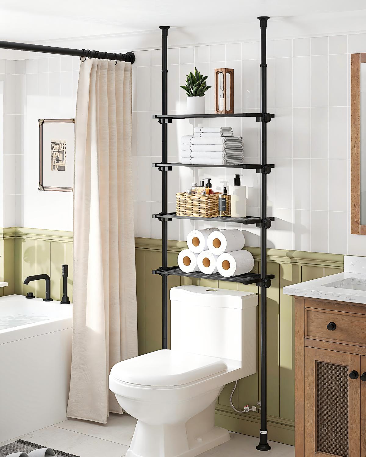 AZ08 4-Tier Over the Toilet Storage, Shelves Wide and Height is Adjustable,Tension Mount, Constructed of Metal Materials, Pole Fits 92 to 116 Inch Height