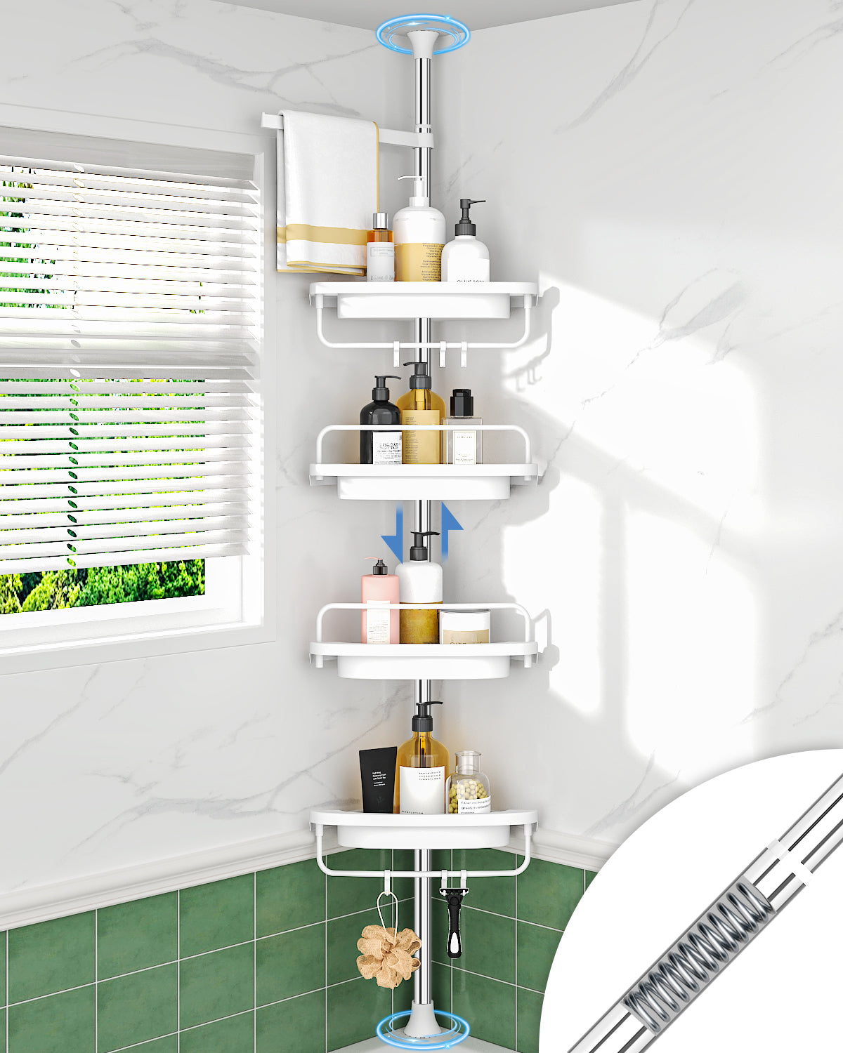 AZ03 Corner Shower Caddy,Rustproof Stainless Steel Poles & 4-Tier Durable/Adjustable Plastic Shelves, Fit 34 to 116 Inch Height