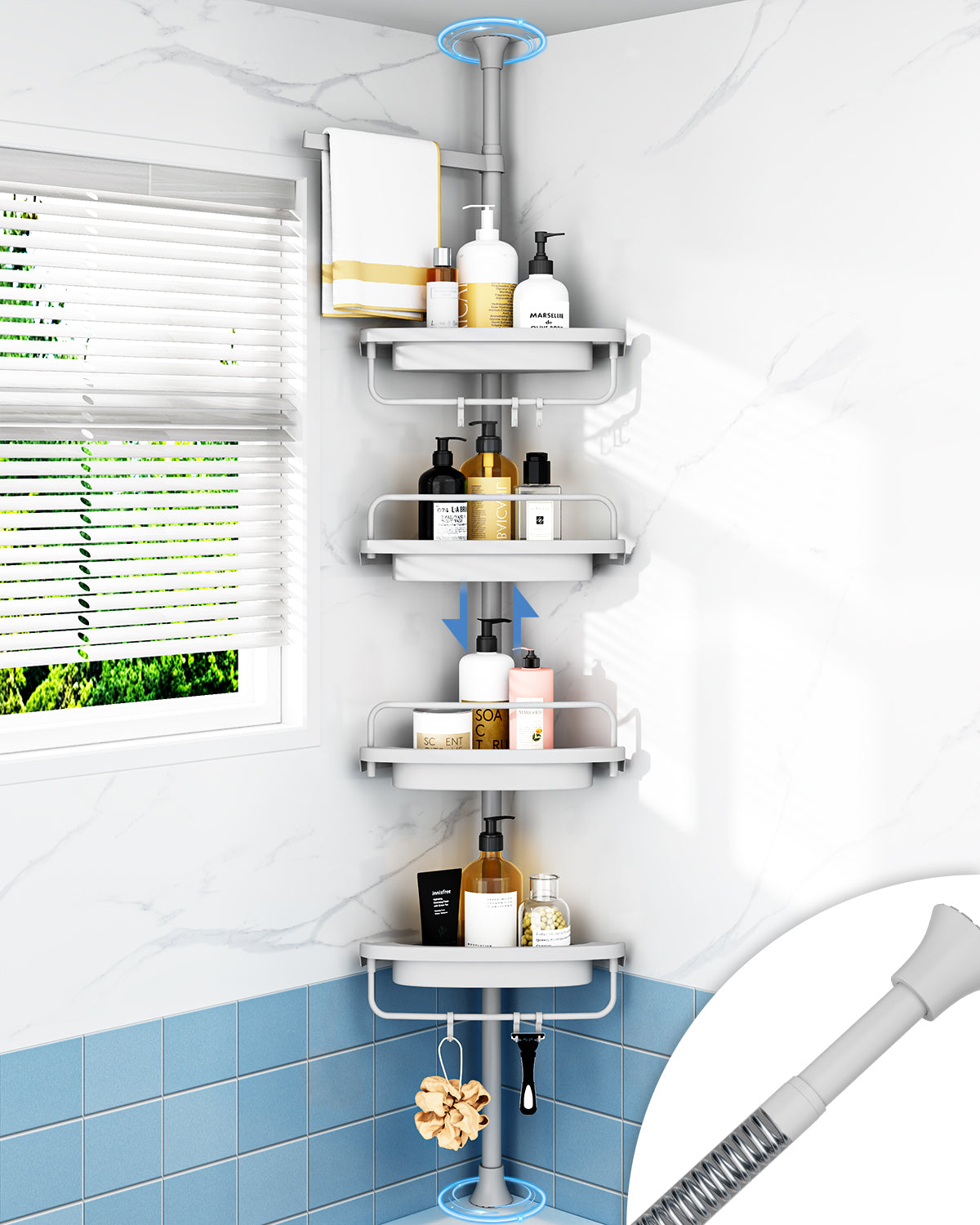 AZ03 Corner Shower Caddy,Rustproof Stainless Steel Poles & 4-Tier Durable/Adjustable Plastic Shelves, Fit 34 to 116 Inch Height
