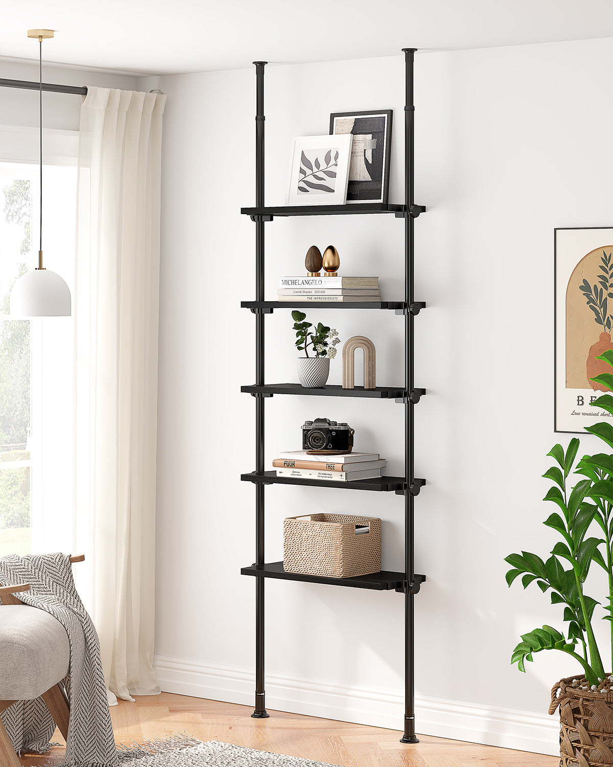 AZ07 5 Tiers Narrow Bookshelf with Adjustable Shelves, Tension Mount, Constructed of Metal Poles and Wood Shelves, Pole Fits 92 to 116 Inch Height