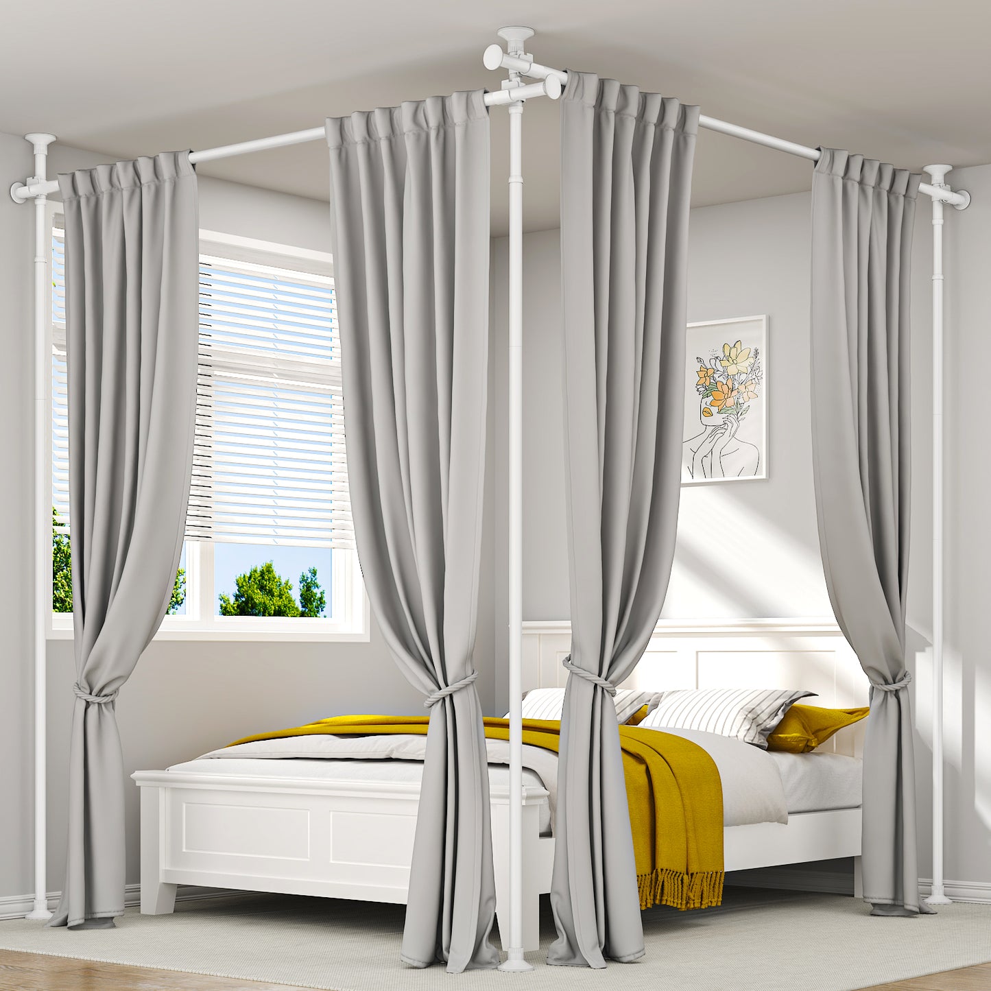 AZ15 Room Divider Curtain Rod for Room Separation, Drill-Free, Adjustable, Three Mounting Options, 63 to 130inch(H) & 31 to 135inch(W)