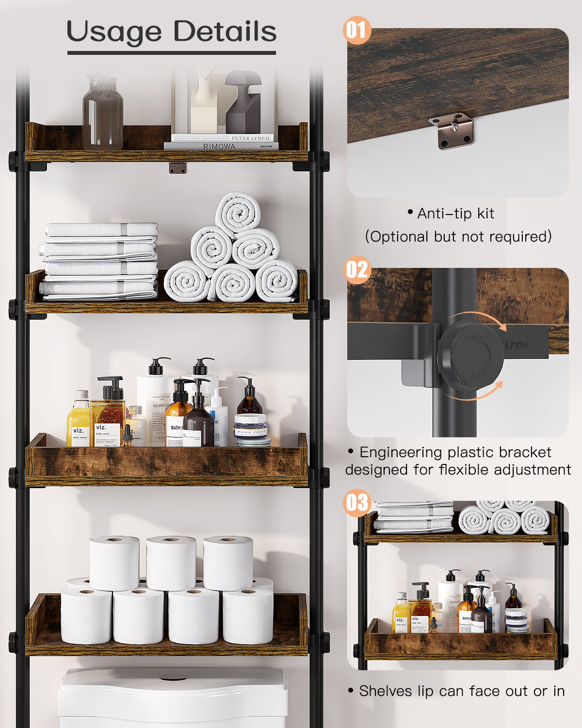 AZ05 4-Tier Over the Toilet Storage with Adjustable Shelves,Tension Mount, Constructed of Metal Poles and Wood Shelves, Pole Fits 92 to 116 Inch Height