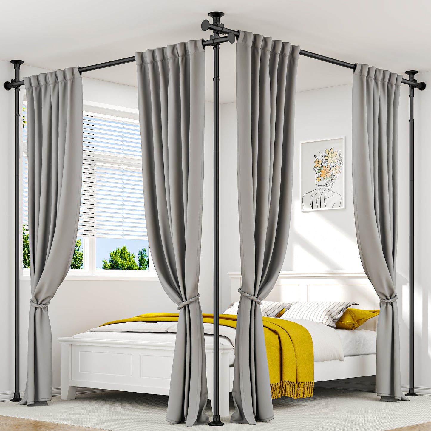AZ15 Room Divider Curtain Rod for Room Separation, Drill-Free, Adjustable, Three Mounting Options, 63 to 130inch(H) & 31 to 135inch(W)