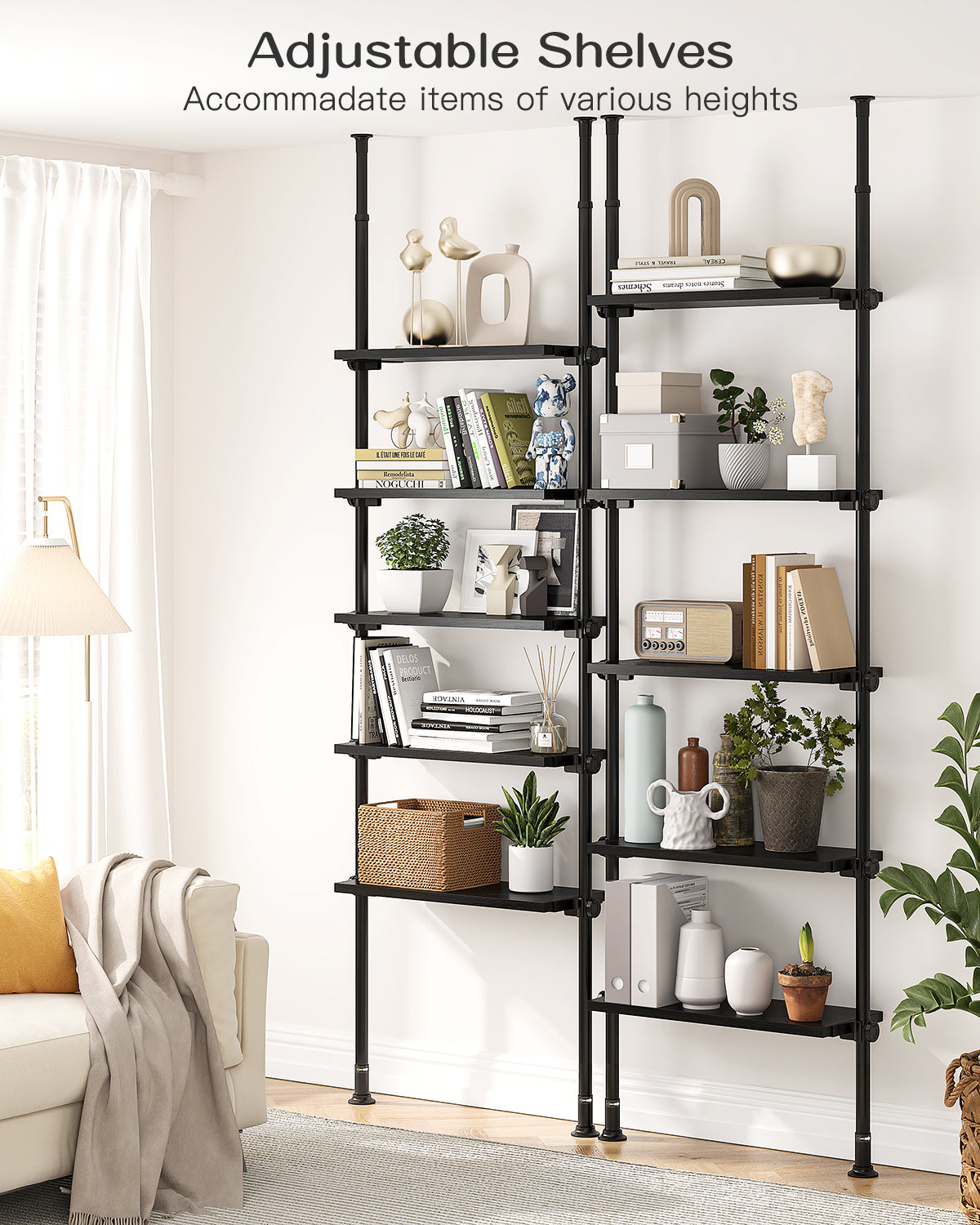 AZ07 5 Tiers Narrow Bookshelf with Adjustable Shelves, Tension Mount, Constructed of Metal Poles and Wood Shelves, Pole Fits 92 to 116 Inch Height