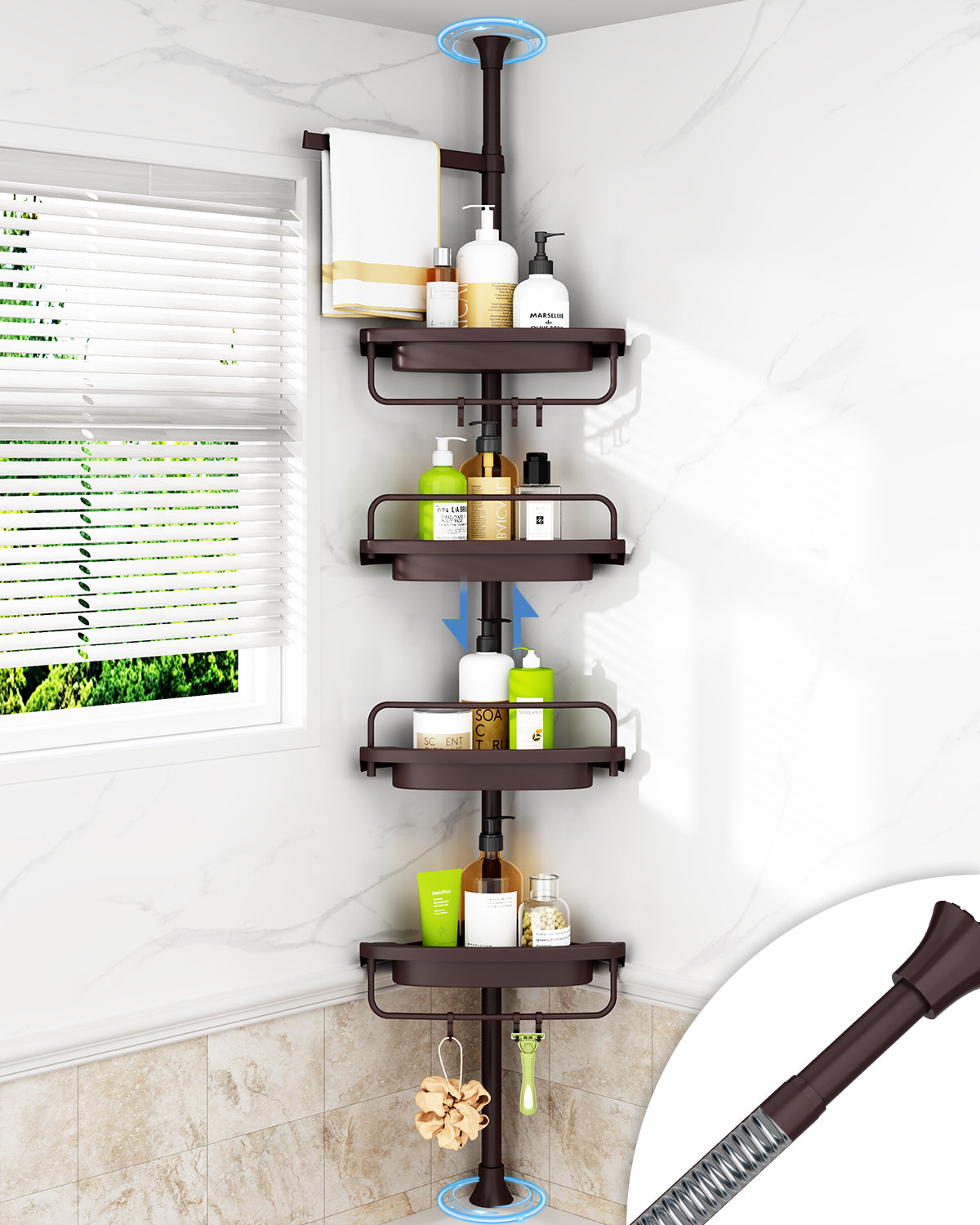 AZ03 Corner Shower Caddy,Rustproof Stainless Steel Poles & 4-Tier Durable/Adjustable Plastic Shelves, Fit 34 to 116 Inch Height