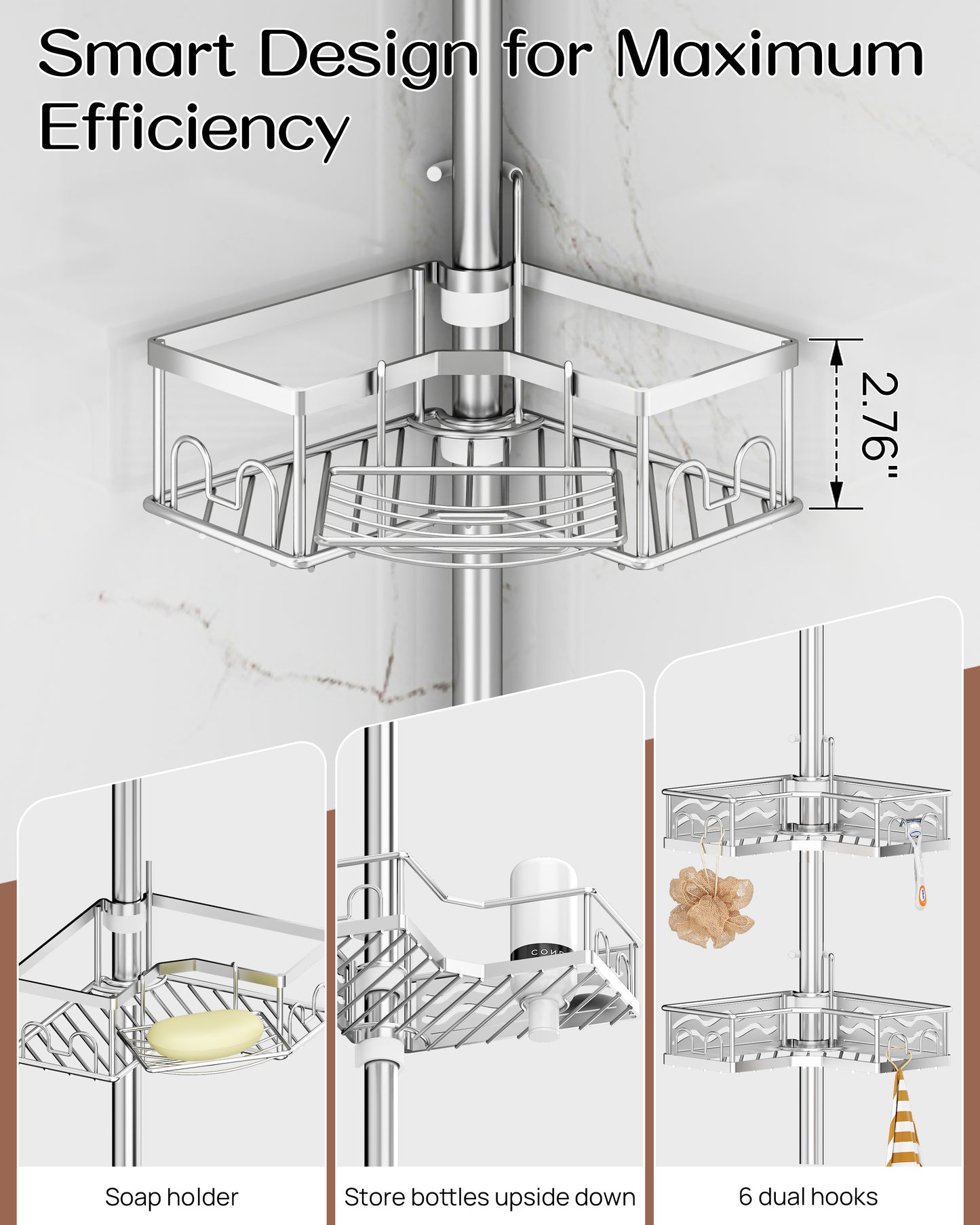 AZ16 Shower Caddy Tension Pole, Rustproof Stainless Steel Poles & 4-Tier Durable/Adjustable Shelves, Fit 34 to 116 Inch Height