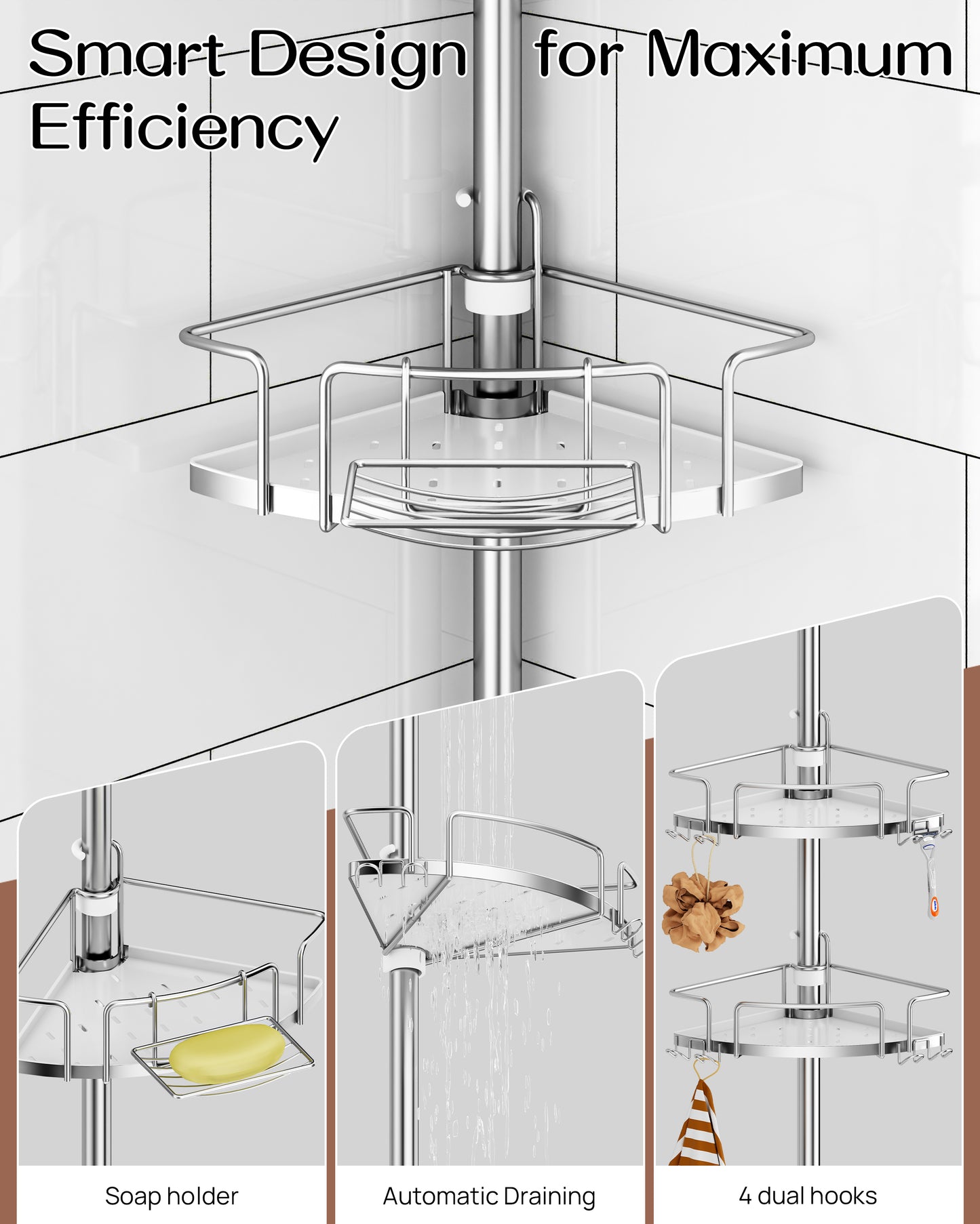 AZ18 Shower Caddy Tension Pole, Rustproof Stainless Steel Poles & 4-Tier Durable/Adjustable Shelves, Fit 34 to 116 Inch Height