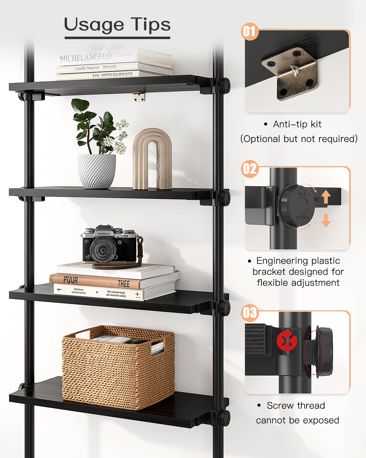 AZ07 5 Tiers Narrow Bookshelf with Adjustable Shelves, Tension Mount, Constructed of Metal Poles and Wood Shelves, Pole Fits 92 to 116 Inch Height