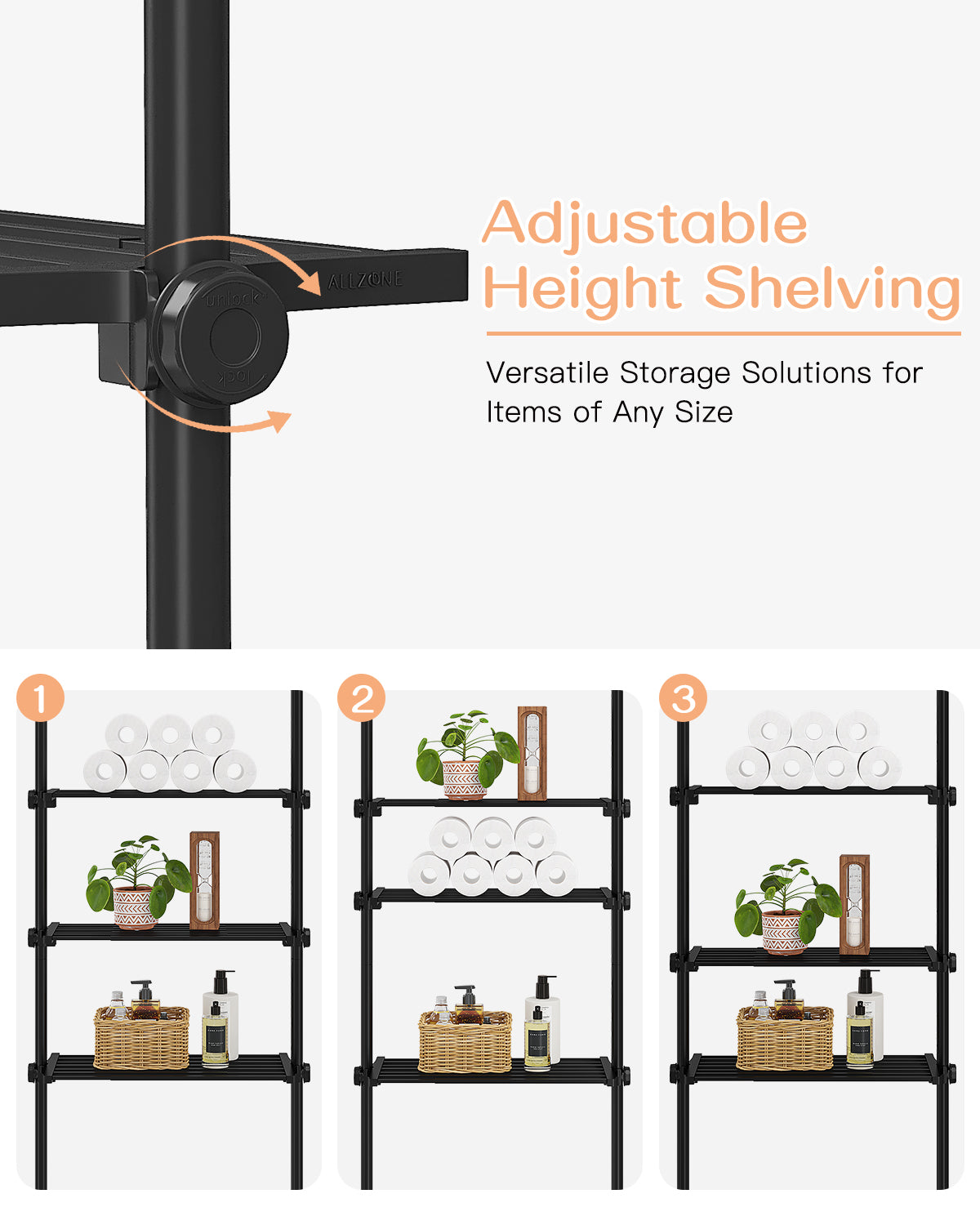 AZ08 4-Tier Over the Toilet Storage, Shelves Wide and Height is Adjustable,Tension Mount, Constructed of Metal Materials, Pole Fits 92 to 116 Inch Height