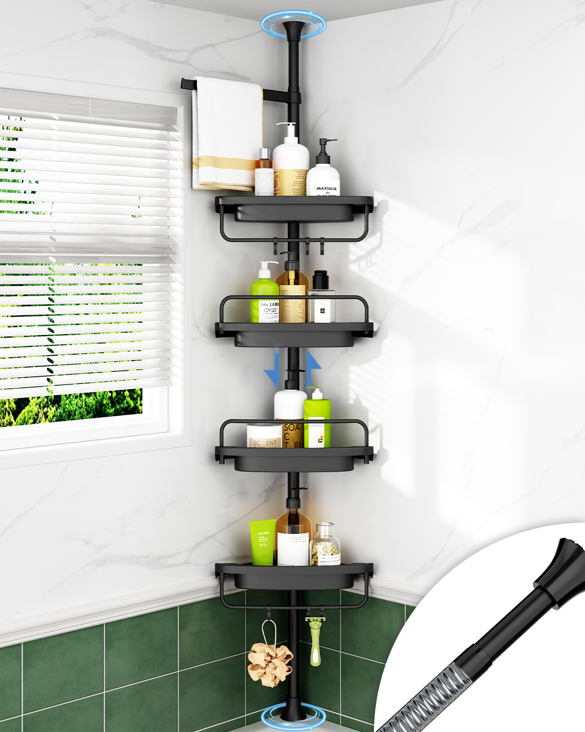 AZ03 Corner Shower Caddy,Rustproof Stainless Steel Poles & 4-Tier Durable/Adjustable Plastic Shelves, Fit 34 to 116 Inch Height