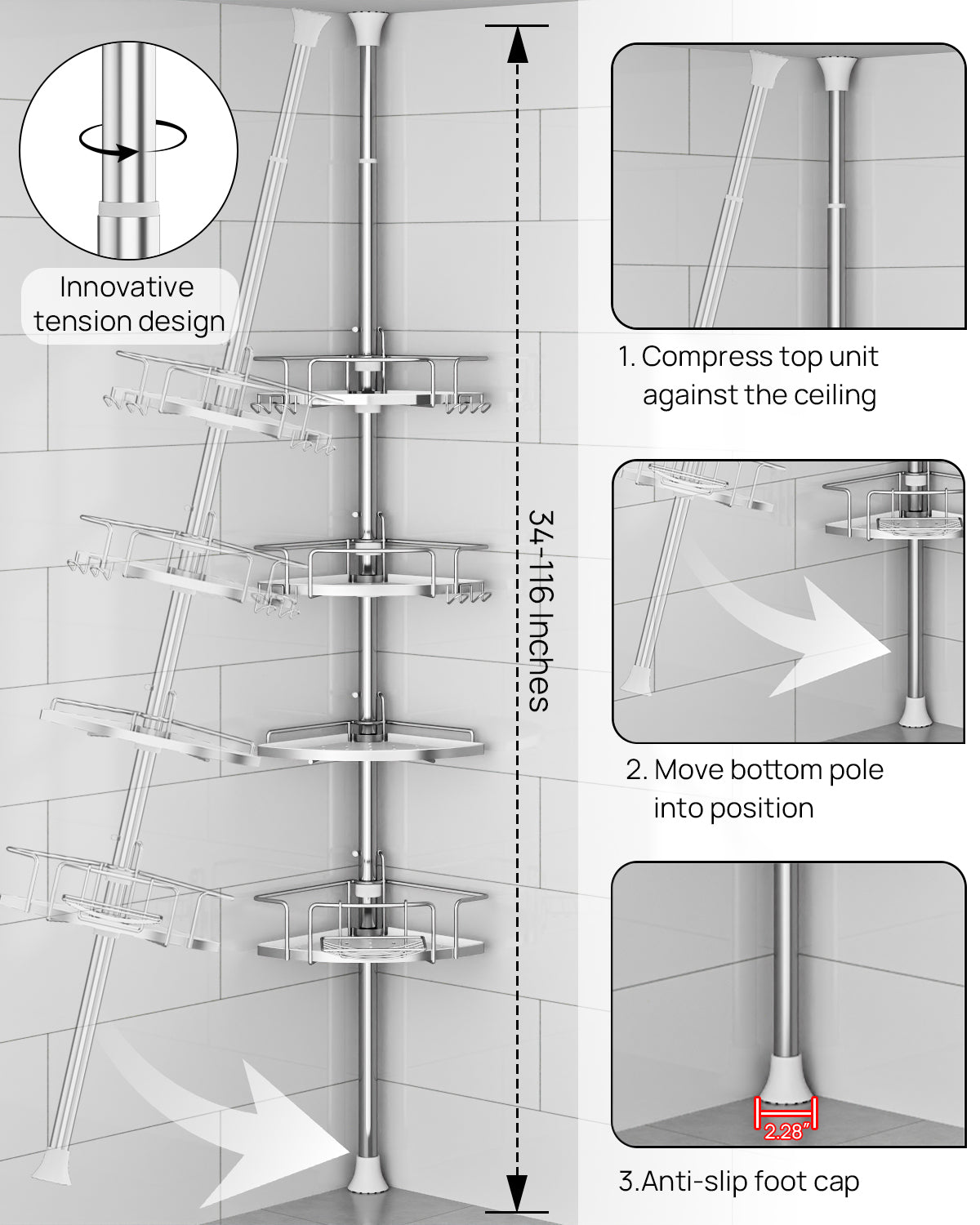 AZ18 Shower Caddy Tension Pole, Rustproof Stainless Steel Poles & 4-Tier Durable/Adjustable Shelves, Fit 34 to 116 Inch Height