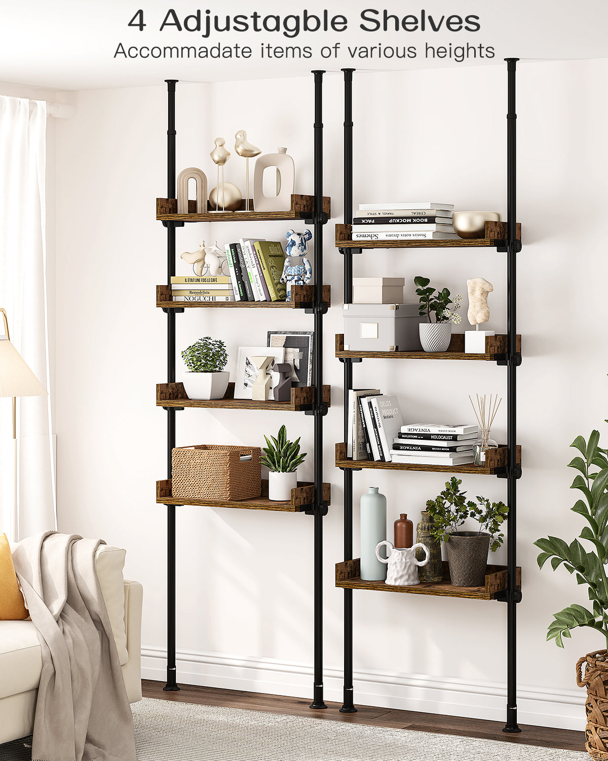 AZ05 4-Tier Over the Toilet Storage with Adjustable Shelves,Tension Mount, Constructed of Metal Poles and Wood Shelves, Pole Fits 92 to 116 Inch Height