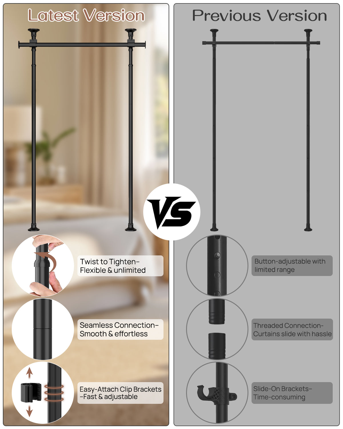 AZ15 Room Divider Curtain Rod for Room Separation, Drill-Free, Adjustable, Three Mounting Options, 63 to 130inch(H) & 31 to 135inch(W)