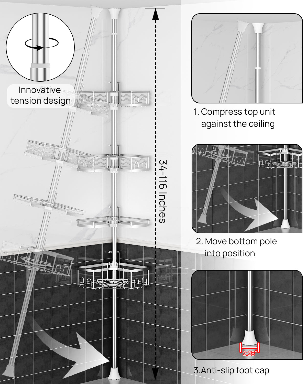 AZ16 Shower Caddy Tension Pole, Rustproof Stainless Steel Poles & 4-Tier Durable/Adjustable Shelves, Fit 34 to 116 Inch Height