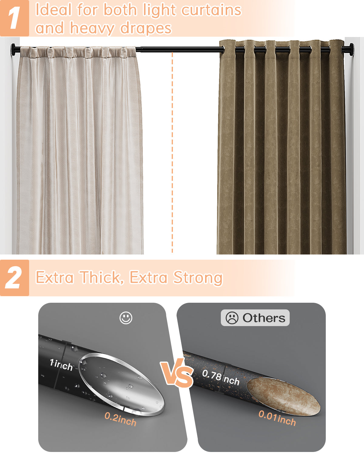 AZ11 Tension Rod for Shower Curtain, Window Curtain, 29 to 84 Inches, Spring Loaded,Stable and Anti-Slip