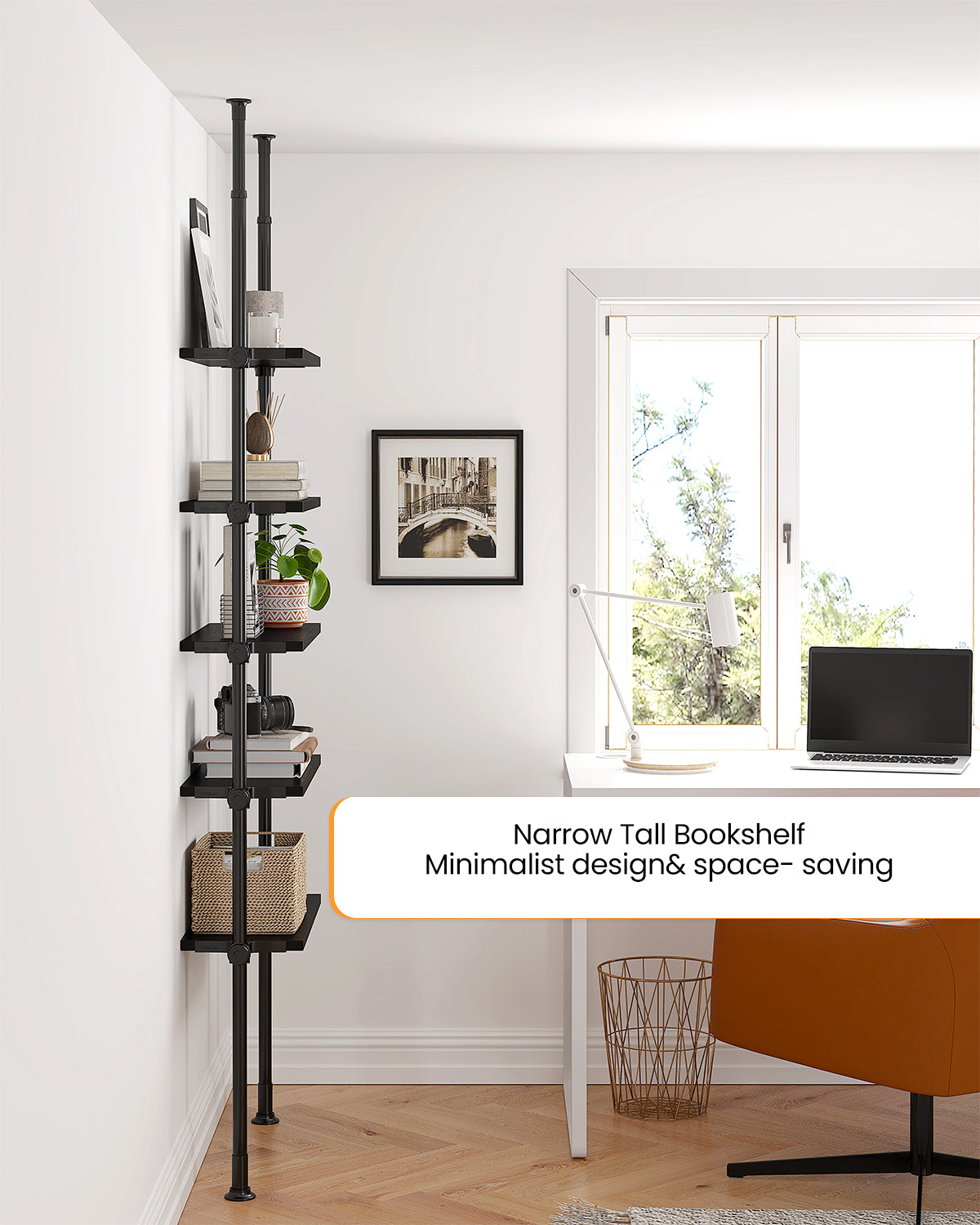 AZ07 5 Tiers Narrow Bookshelf with Adjustable Shelves, Tension Mount, Constructed of Metal Poles and Wood Shelves, Pole Fits 92 to 116 Inch Height