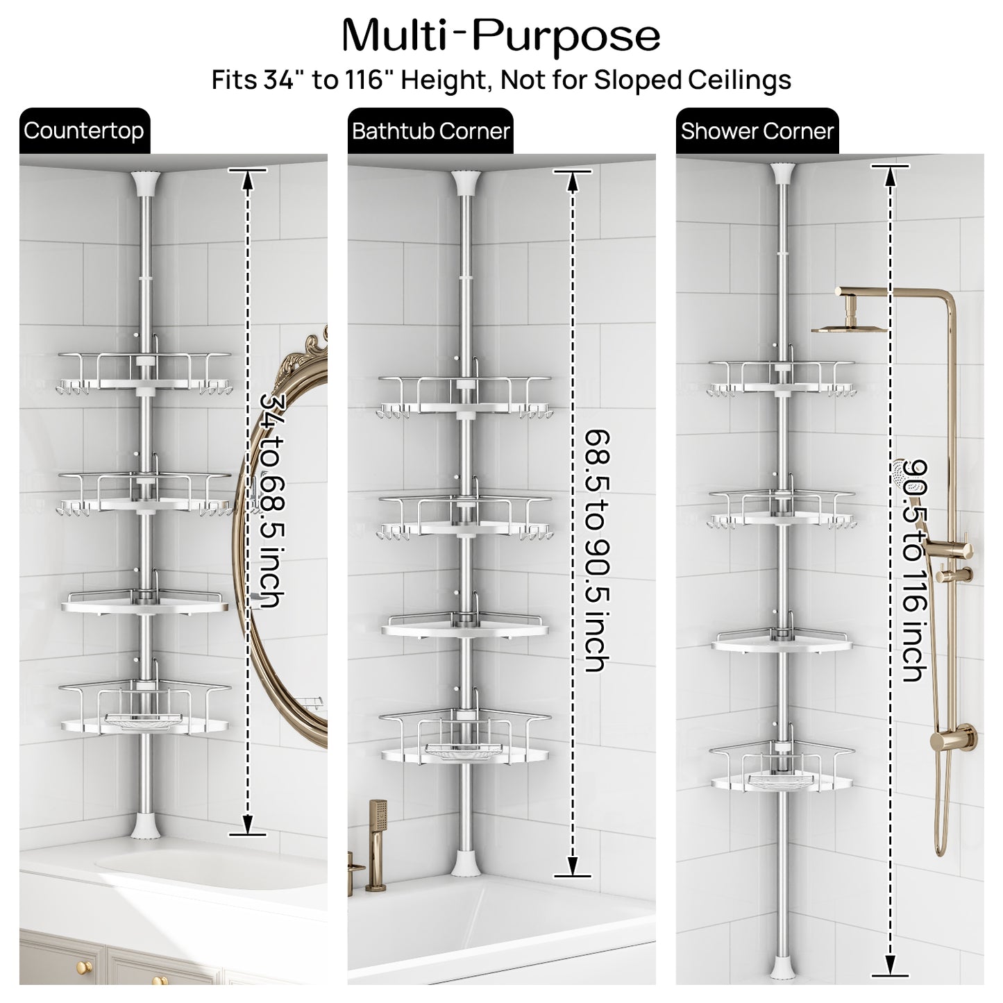 AZ18 Shower Caddy Tension Pole, Rustproof Stainless Steel Poles & 4-Tier Durable/Adjustable Shelves, Fit 34 to 116 Inch Height