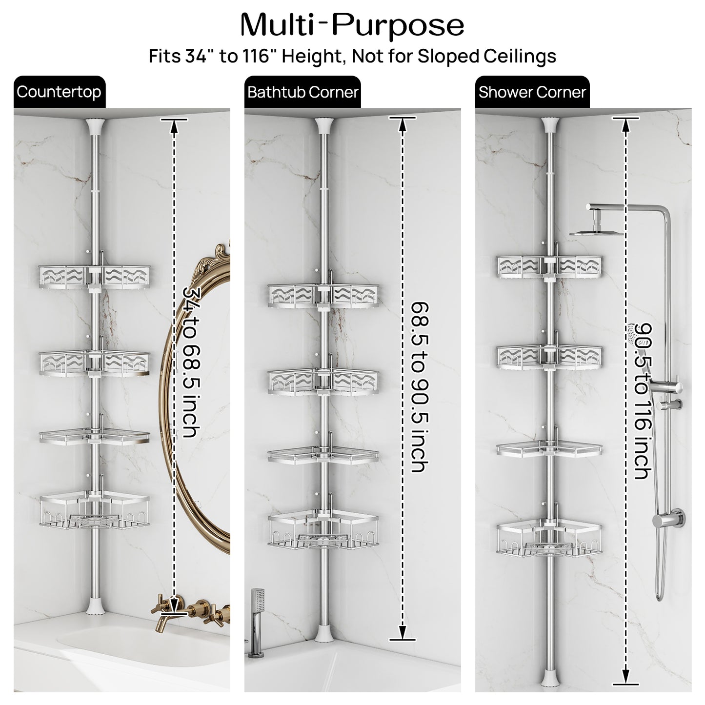 AZ16 Shower Caddy Tension Pole, Rustproof Stainless Steel Poles & 4-Tier Durable/Adjustable Shelves, Fit 34 to 116 Inch Height