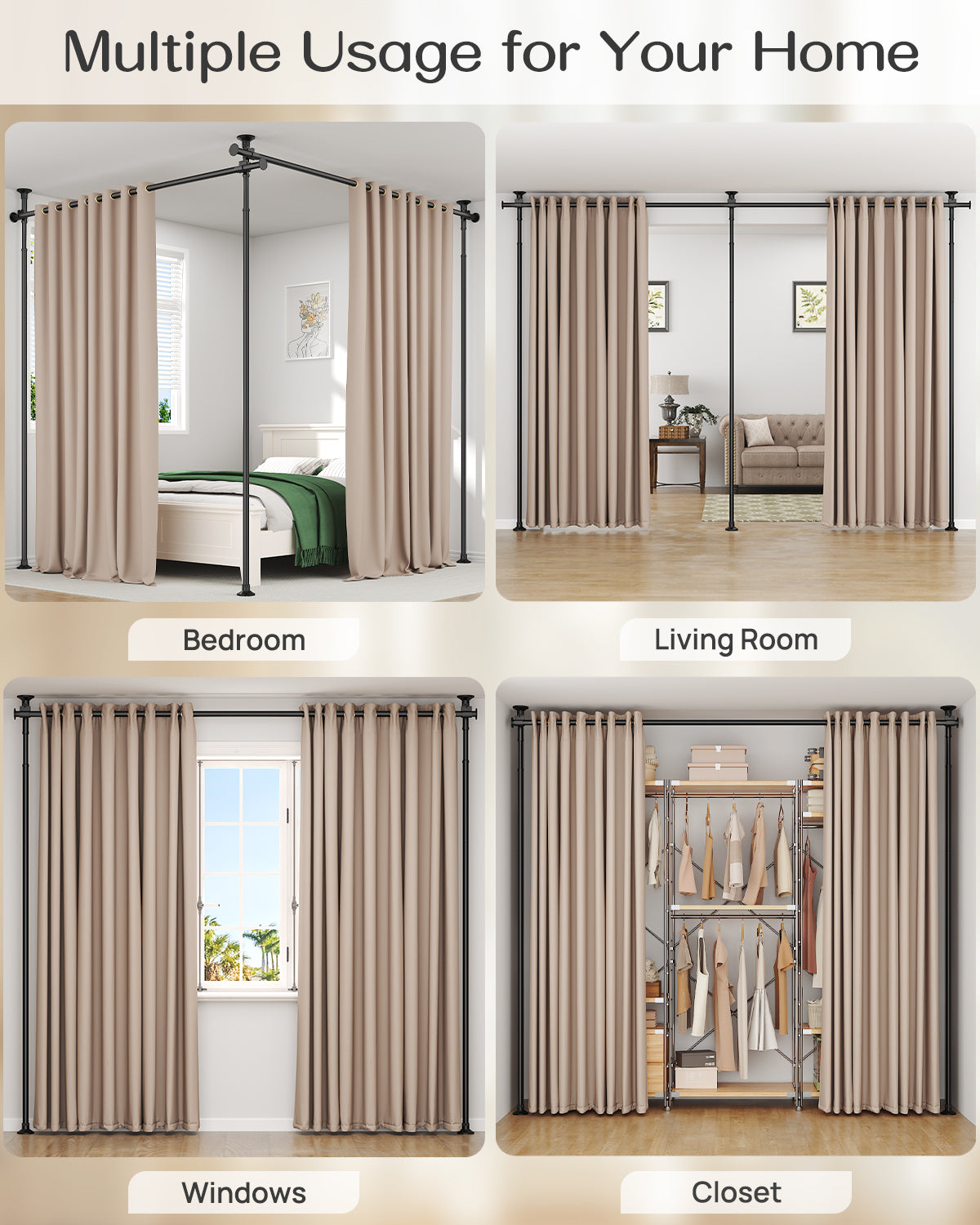 AZ15 Room Divider Curtain Rod for Room Separation, Drill-Free, Adjustable, Three Mounting Options, 63 to 130inch(H) & 31 to 135inch(W)