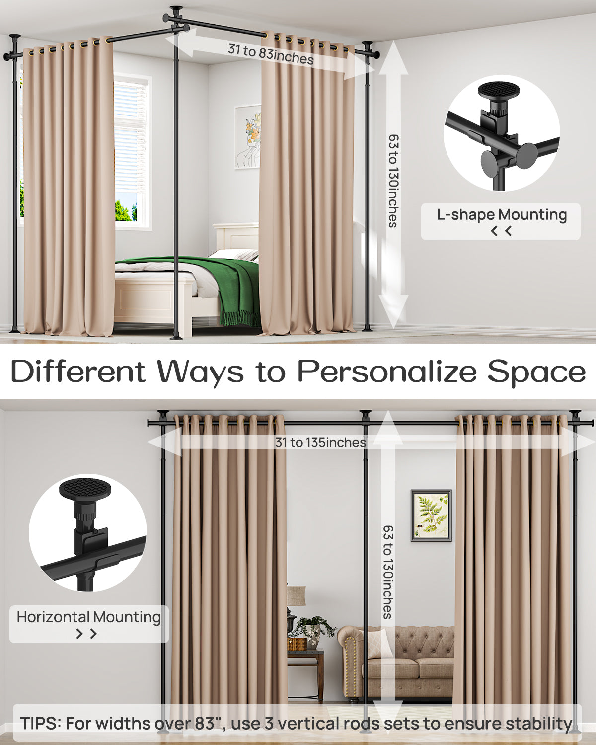 AZ15 Room Divider Curtain Rod for Room Separation, Drill-Free, Adjustable, Three Mounting Options, 63 to 130inch(H) & 31 to 135inch(W)