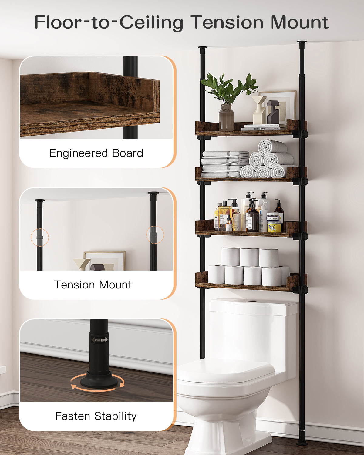 AZ05 4-Tier Over the Toilet Storage with Adjustable Shelves,Tension Mount, Constructed of Metal Poles and Wood Shelves, Pole Fits 92 to 116 Inch Height