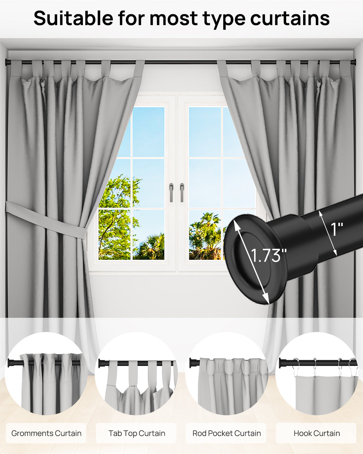 AZ02M Tension Rod for Shower Curtain, Window Curtain, 42 to 83 Inches, Spring Loaded,Stable and Anti-Slip
