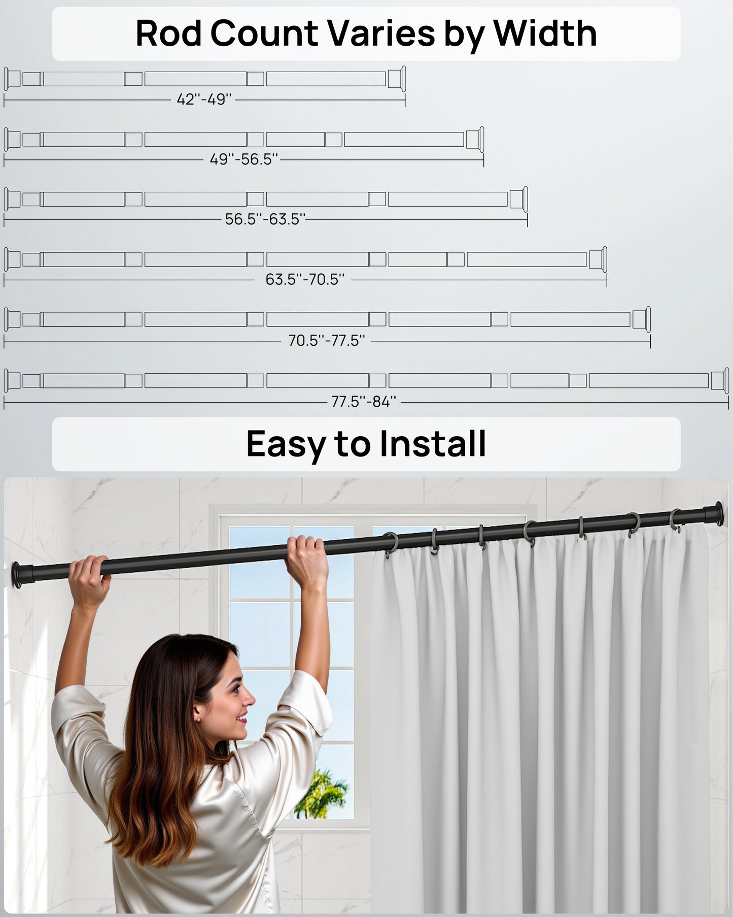 AZ02M Tension Rod for Shower Curtain, Window Curtain, 42 to 83 Inches, Spring Loaded,Stable and Anti-Slip