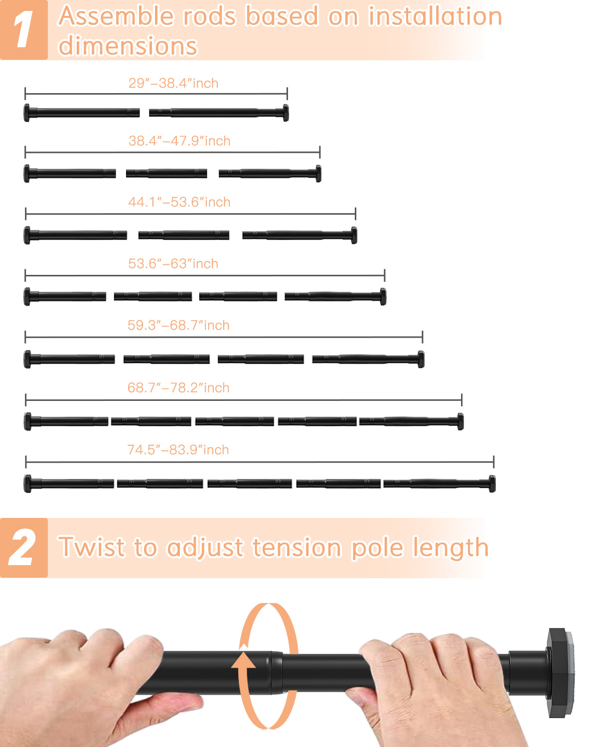 AZ11 Tension Rod for Shower Curtain, Window Curtain, 29 to 84 Inches, Spring Loaded,Stable and Anti-Slip