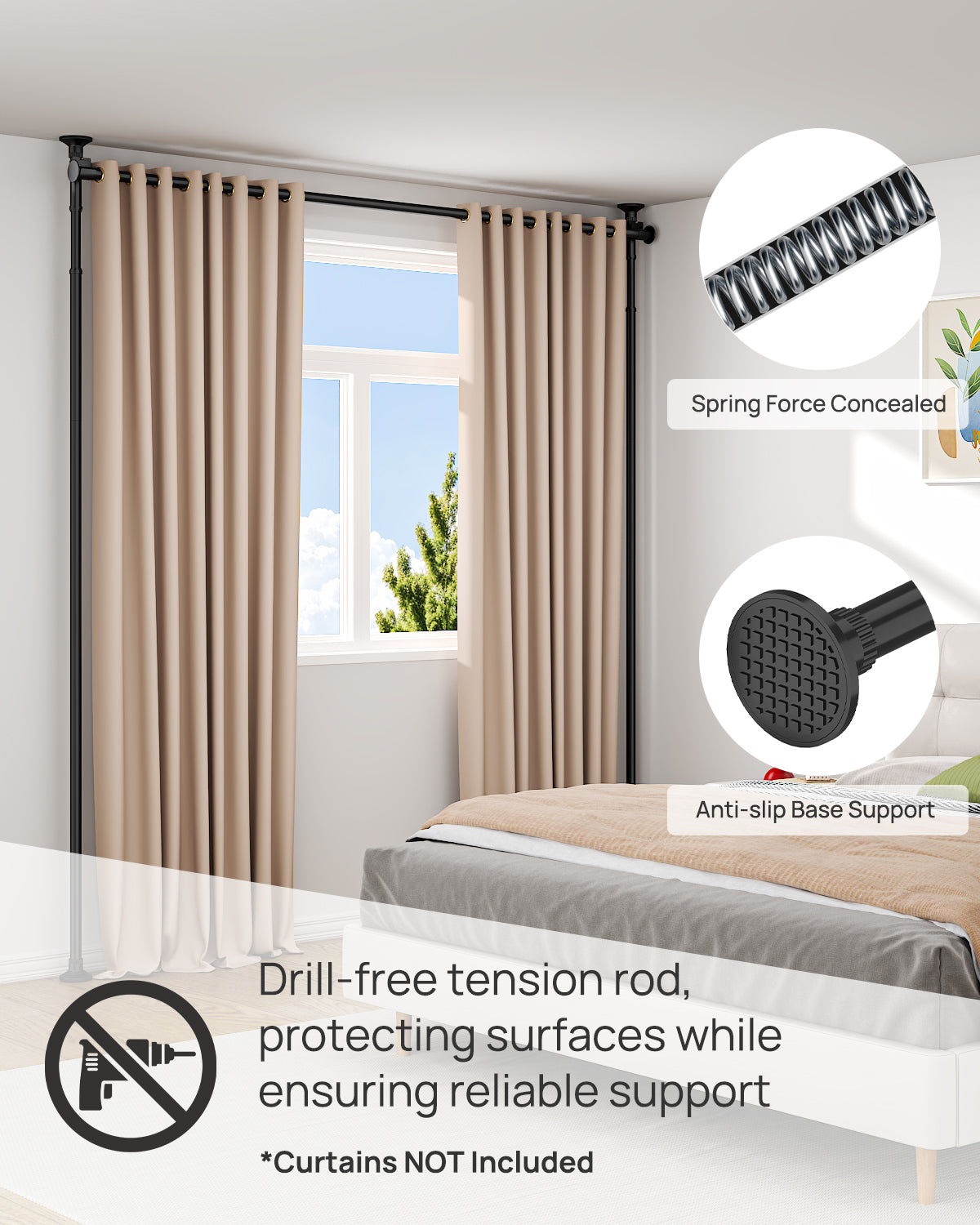 AZ15 Room Divider Curtain Rod for Room Separation, Drill-Free, Adjustable, Three Mounting Options, 63 to 130inch(H) & 31 to 135inch(W)