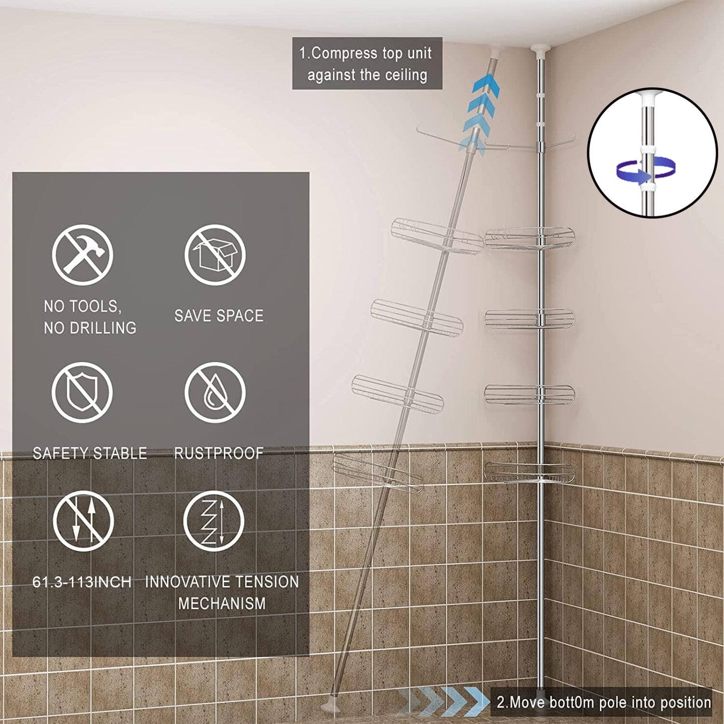 AZ04 Corner Shower Caddy,Rustproof Stainless Steel Poles & 4-Tier Durable/Adjustable Shelves, Fit 34 to 113 Inch Height