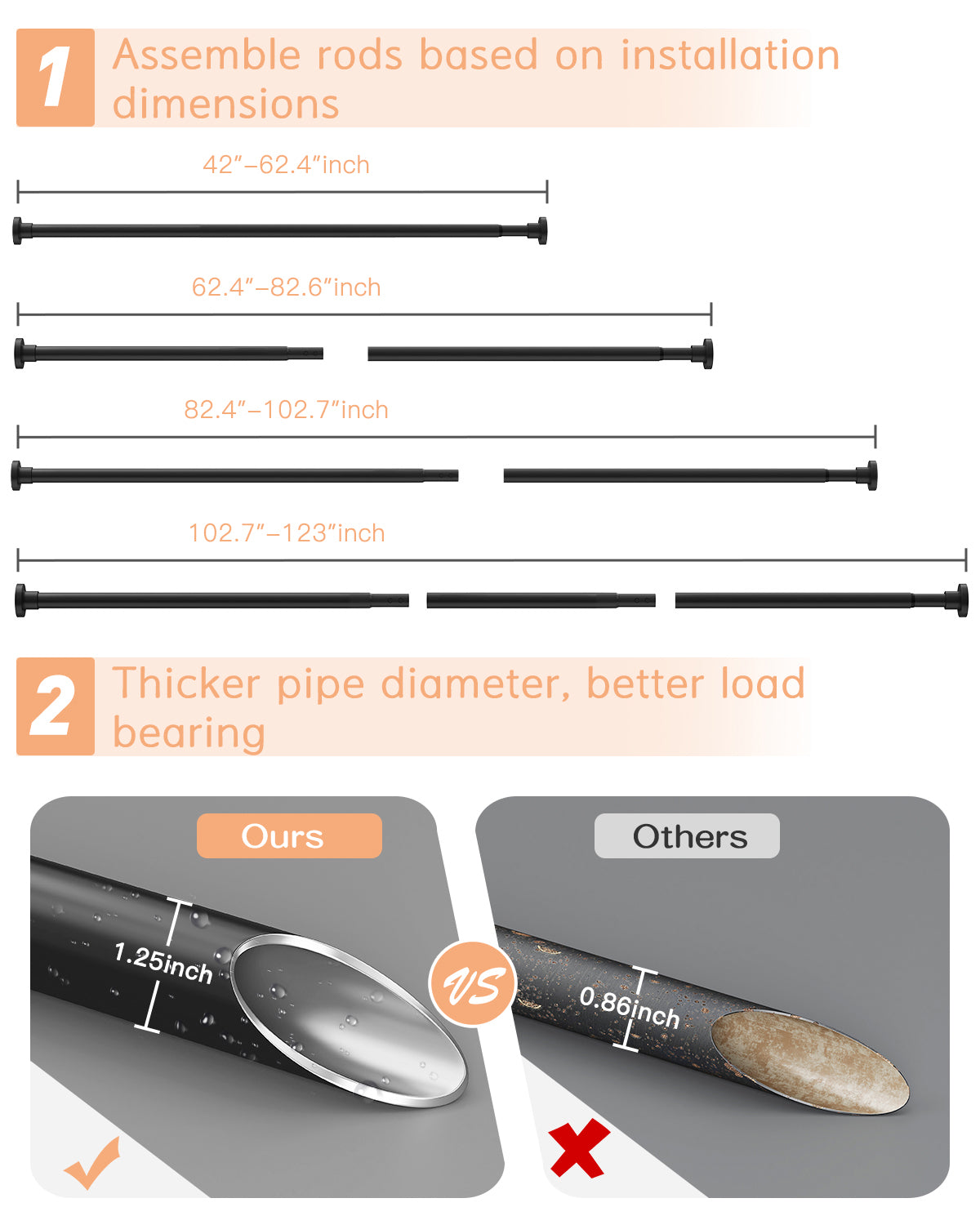 AZ01L Tension Curtain Rods for Windows,Room Divider,66 to 120 Inches,Drill-Free,Spring Loaded,Stable and Anti-Slip