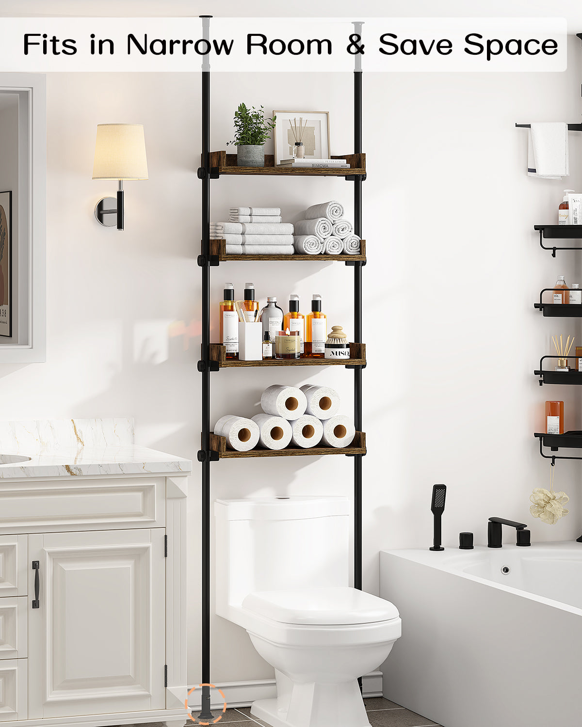 AZ05 4-Tier Over the Toilet Storage with Adjustable Shelves,Tension Mount, Constructed of Metal Poles and Wood Shelves, Pole Fits 92 to 116 Inch Height