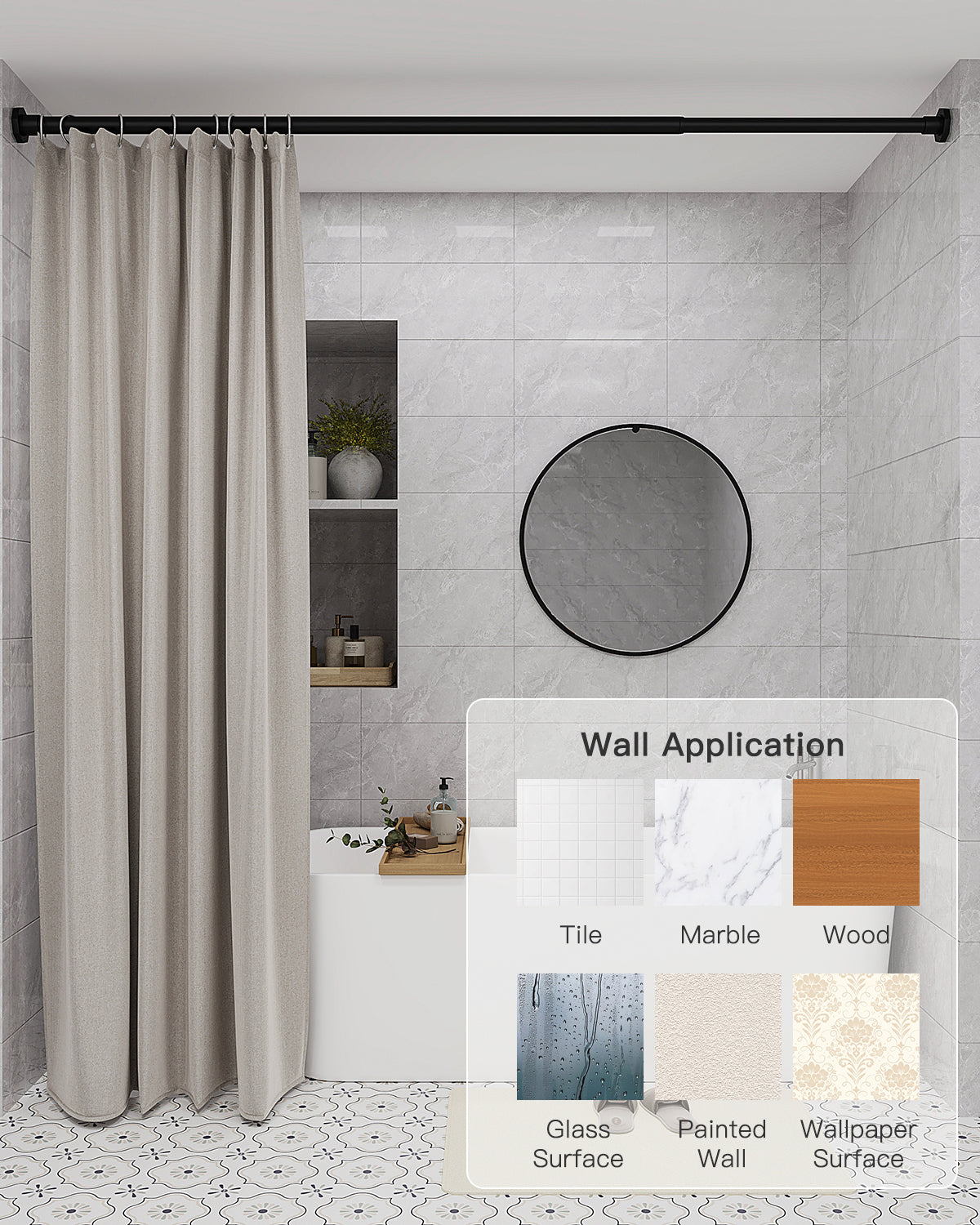 AZ11 Tension Rod for Shower Curtain, Window Curtain, 29 to 84 Inches, Spring Loaded,Stable and Anti-Slip