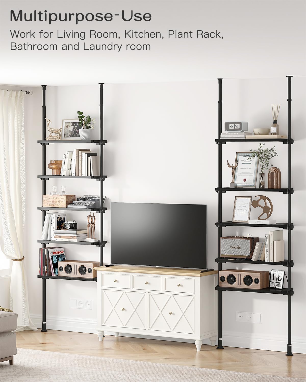 AZ07 5 Tiers Narrow Bookshelf with Adjustable Shelves, Tension Mount, Constructed of Metal Poles and Wood Shelves, Pole Fits 92 to 116 Inch Height