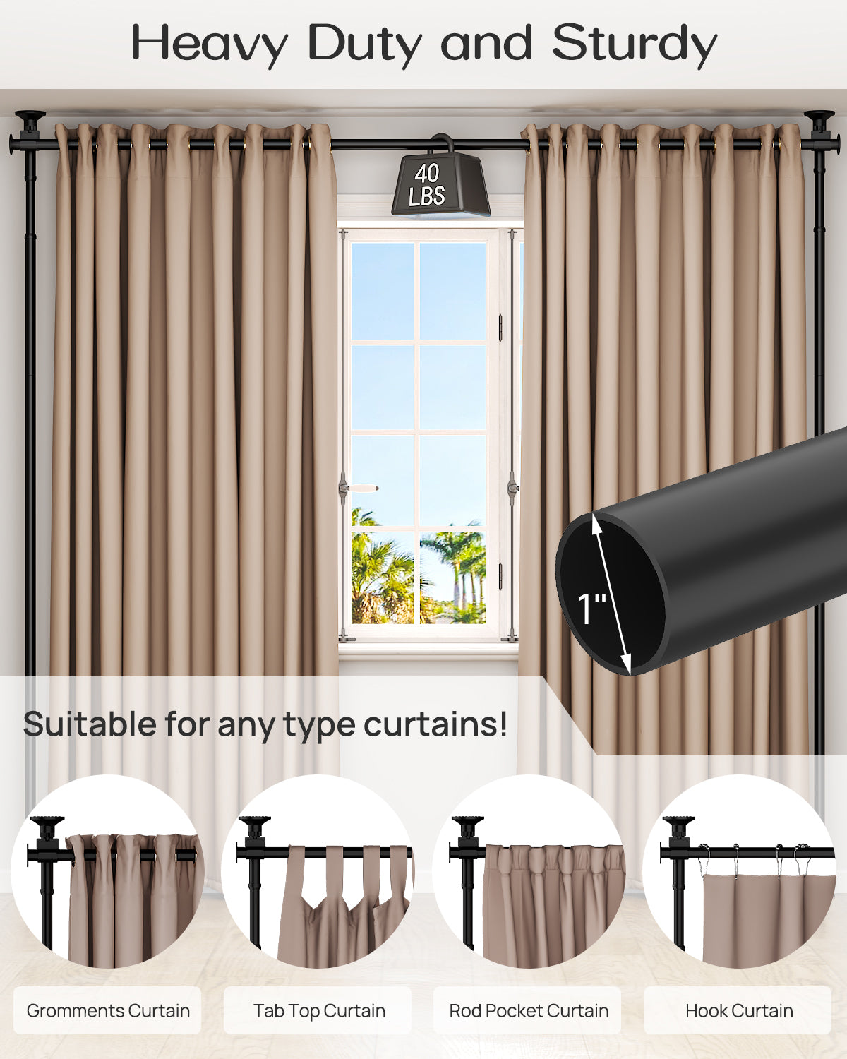 AZ15 Room Divider Curtain Rod for Room Separation, Drill-Free, Adjustable, Three Mounting Options, 63 to 130inch(H) & 31 to 135inch(W)