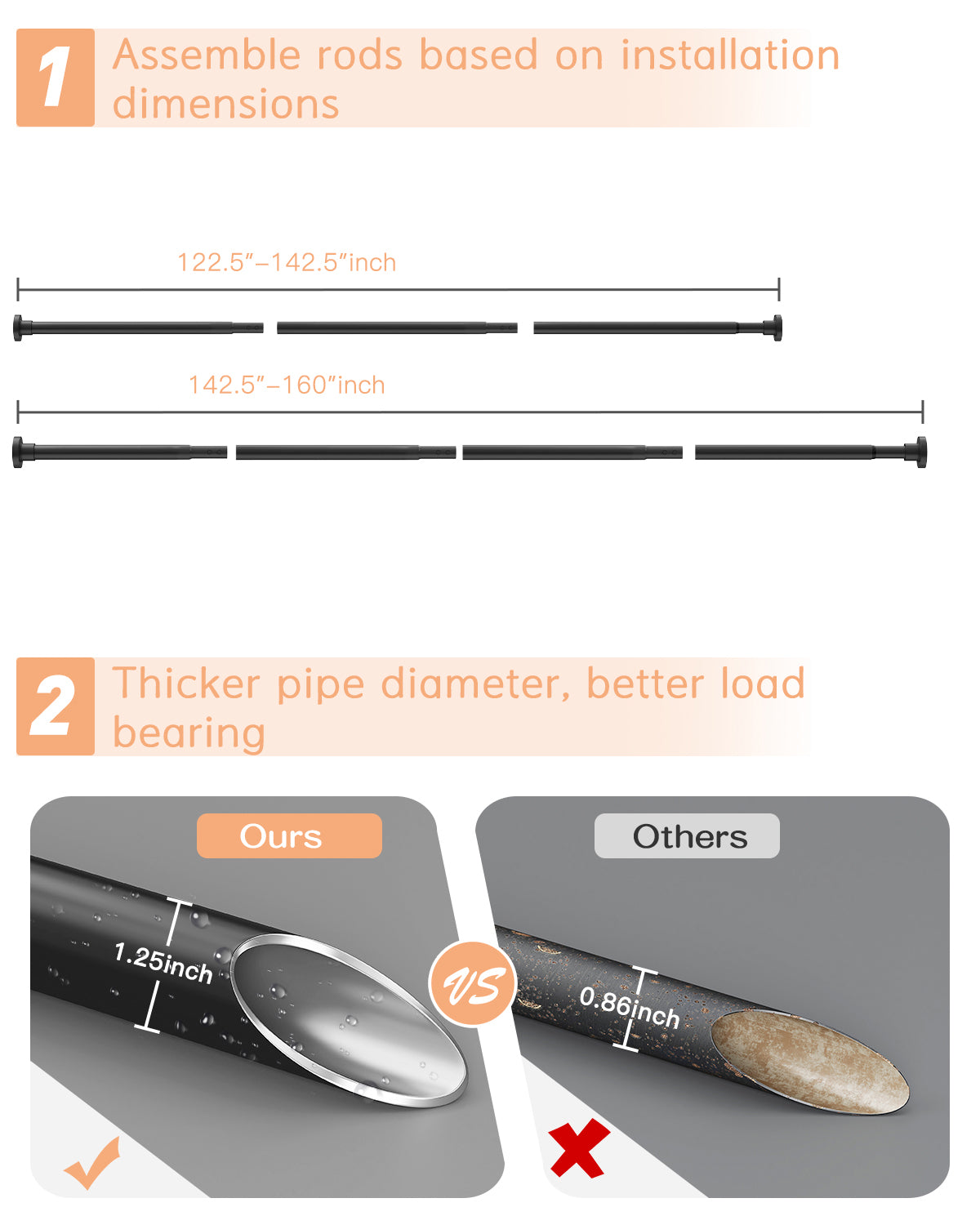 AZ01XL Tension Curtain Rods for Windows,Room Divider,123 to 160 Inches,Spring Loaded with Central Support Bracket Included,Stable