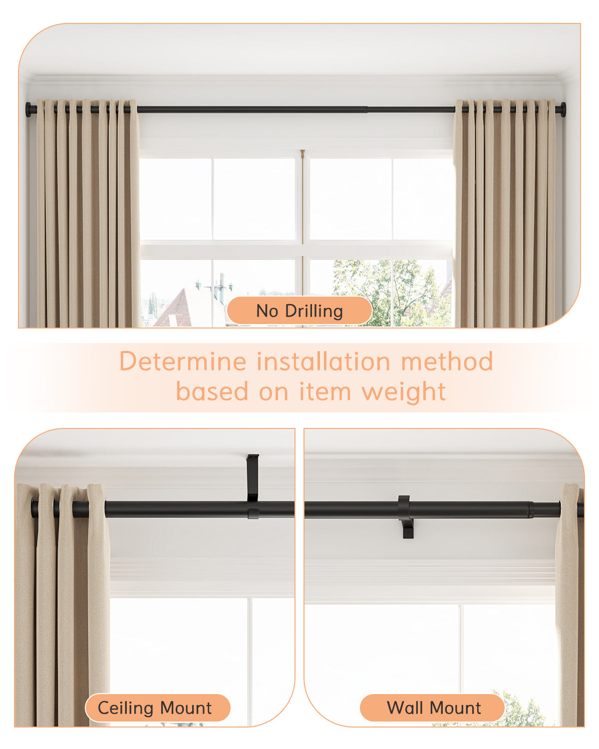 AZ01XL Tension Curtain Rods for Windows,Room Divider,123 to 160 Inches,Spring Loaded with Central Support Bracket Included,Stable