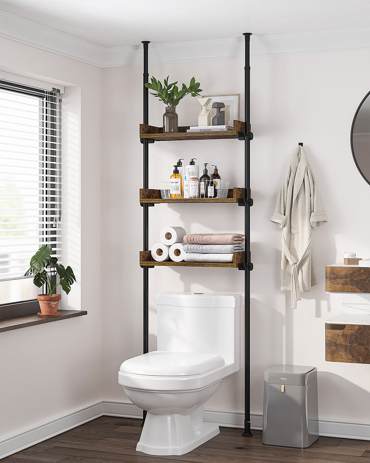 AZ05 4-Tier Over the Toilet Storage with Adjustable Shelves,Tension Mount, Constructed of Metal Poles and Wood Shelves, Pole Fits 92 to 116 Inch Height