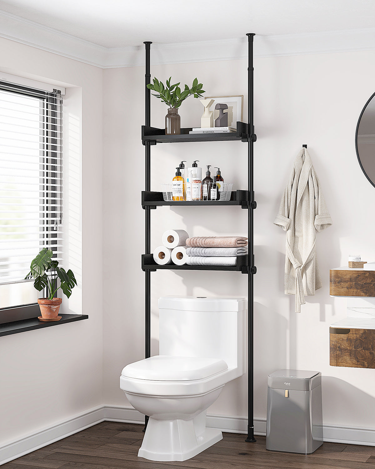 AZ05 4-Tier Over the Toilet Storage with Adjustable Shelves,Tension Mount, Constructed of Metal Poles and Wood Shelves, Pole Fits 92 to 116 Inch Height