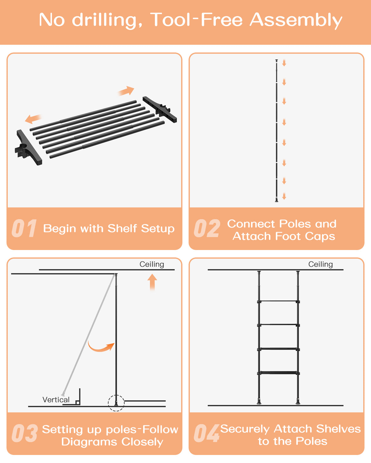 AZ08 4-Tier Over the Toilet Storage, Shelves Wide and Height is Adjustable,Tension Mount, Constructed of Metal Materials, Pole Fits 92 to 116 Inch Height