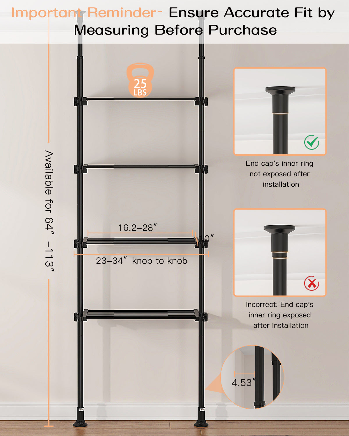 AZ08 4-Tier Over the Toilet Storage, Shelves Wide and Height is Adjustable,Tension Mount, Constructed of Metal Materials, Pole Fits 92 to 116 Inch Height