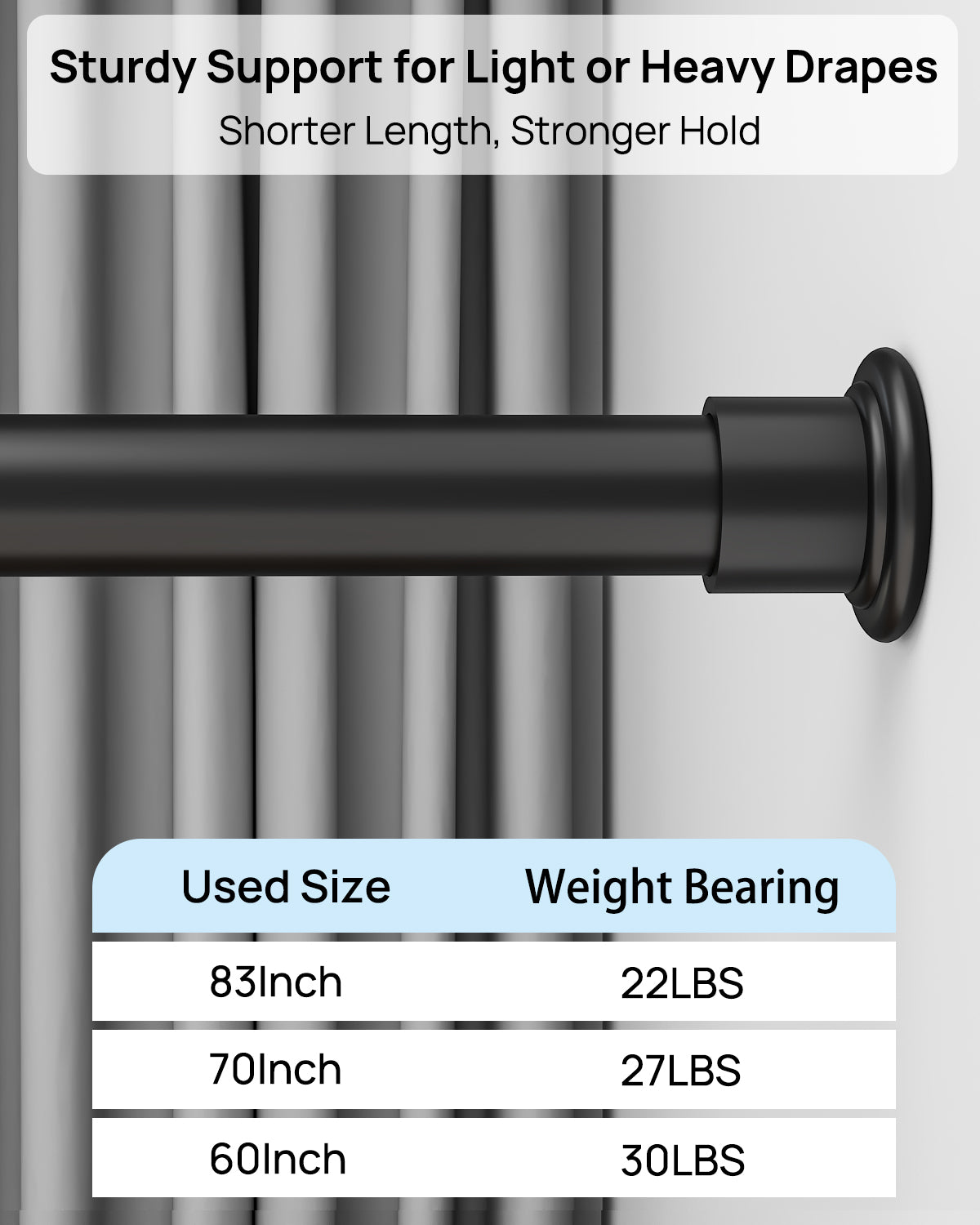 AZ02M Tension Rod for Shower Curtain, Window Curtain, 42 to 83 Inches, Spring Loaded,Stable and Anti-Slip